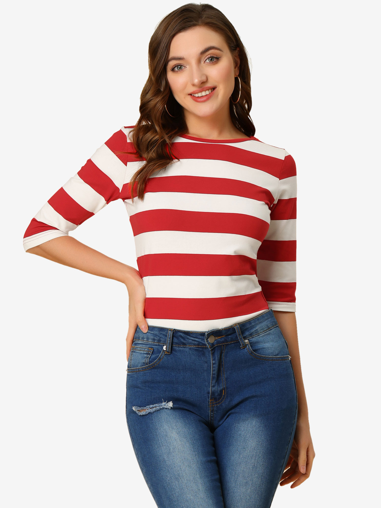 3/4 Sleeve Round Neck Casual Striped T-Shirt Red/M