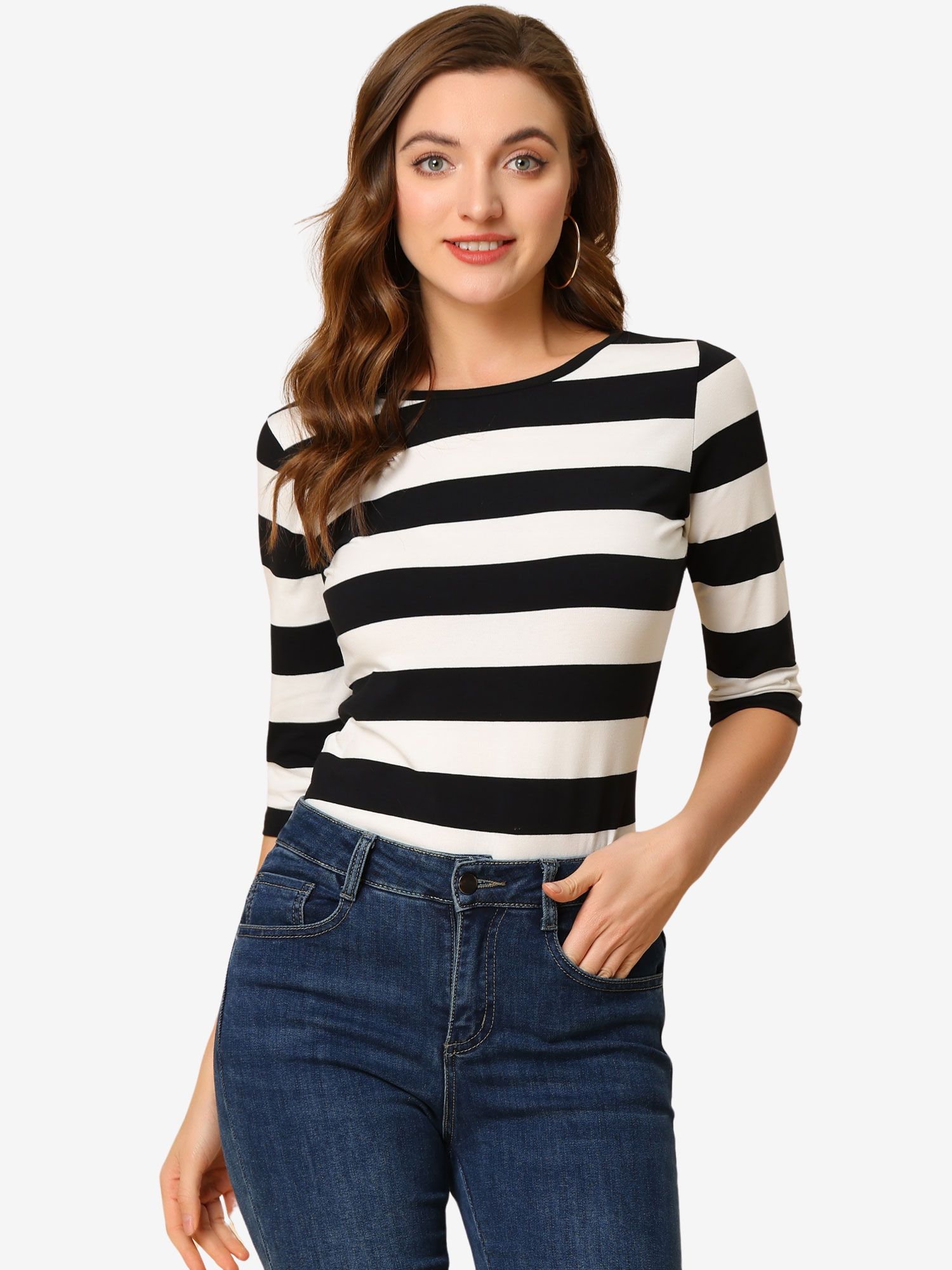 3/4 Sleeve Round Neck Casual Striped T-Shirt Blacks/L