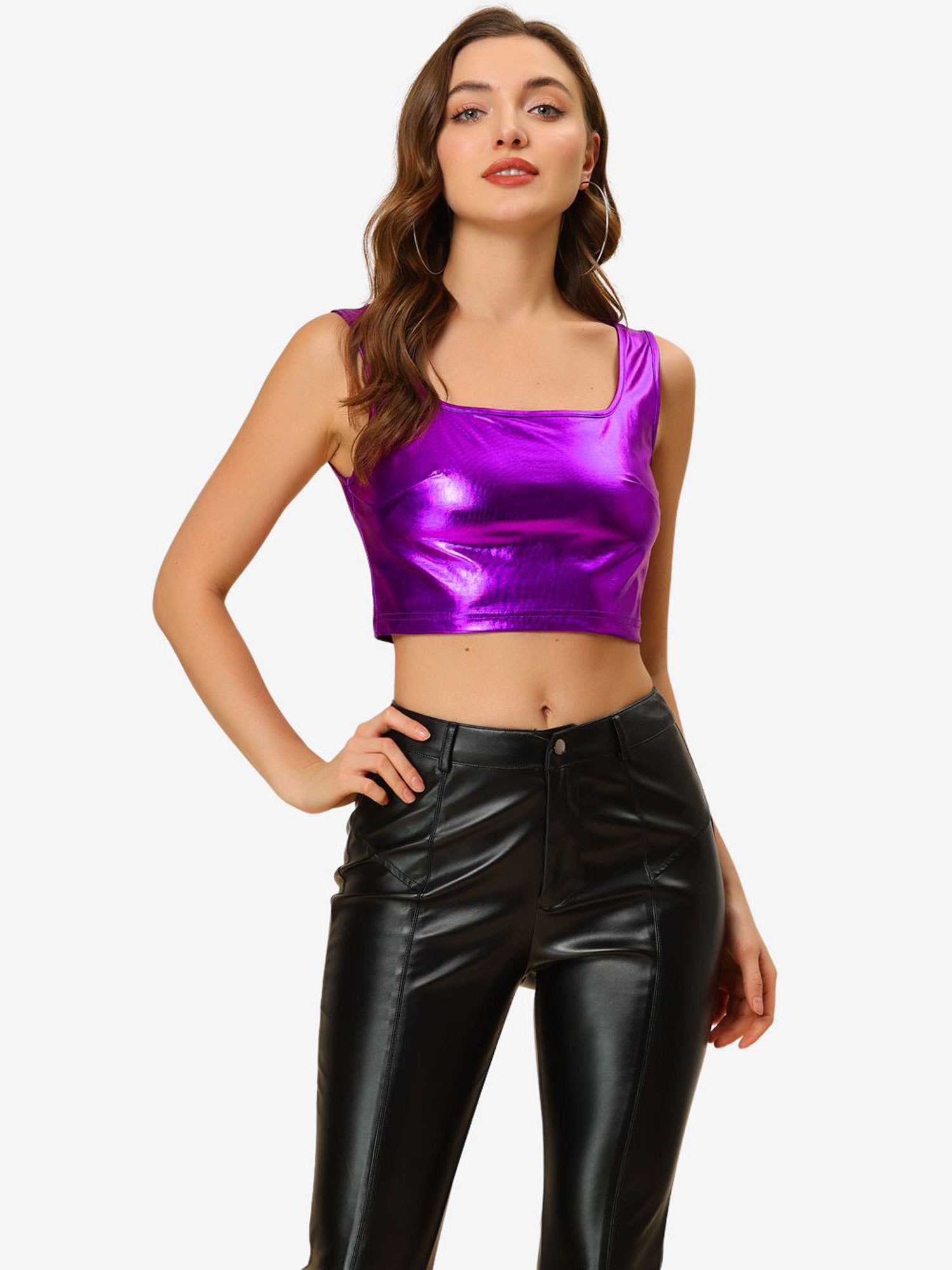 Sleeveless U Neck Party Holographic Shiny Metallic Crop Top Purple/M