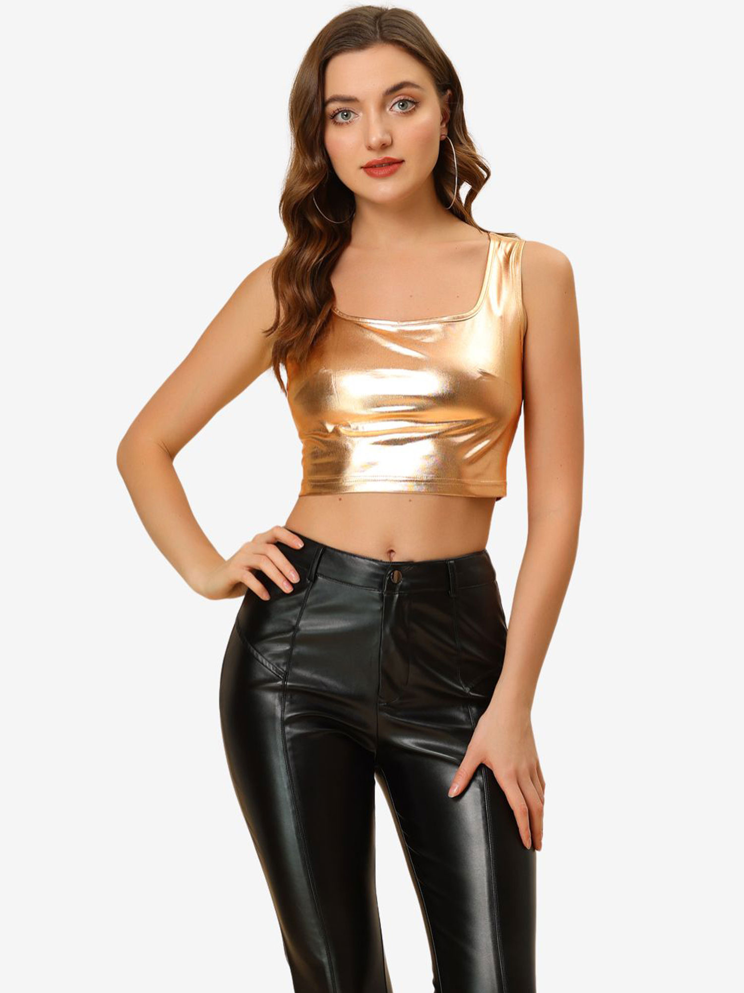 Sleeveless U Neck Party Holographic Shiny Metallic Crop Top Rose Gold/M
