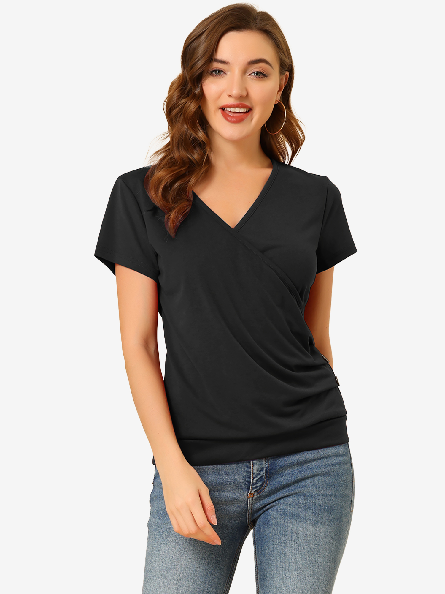 Wrap V Neck Short Sleeve Button Decor Ruched Top Black/M