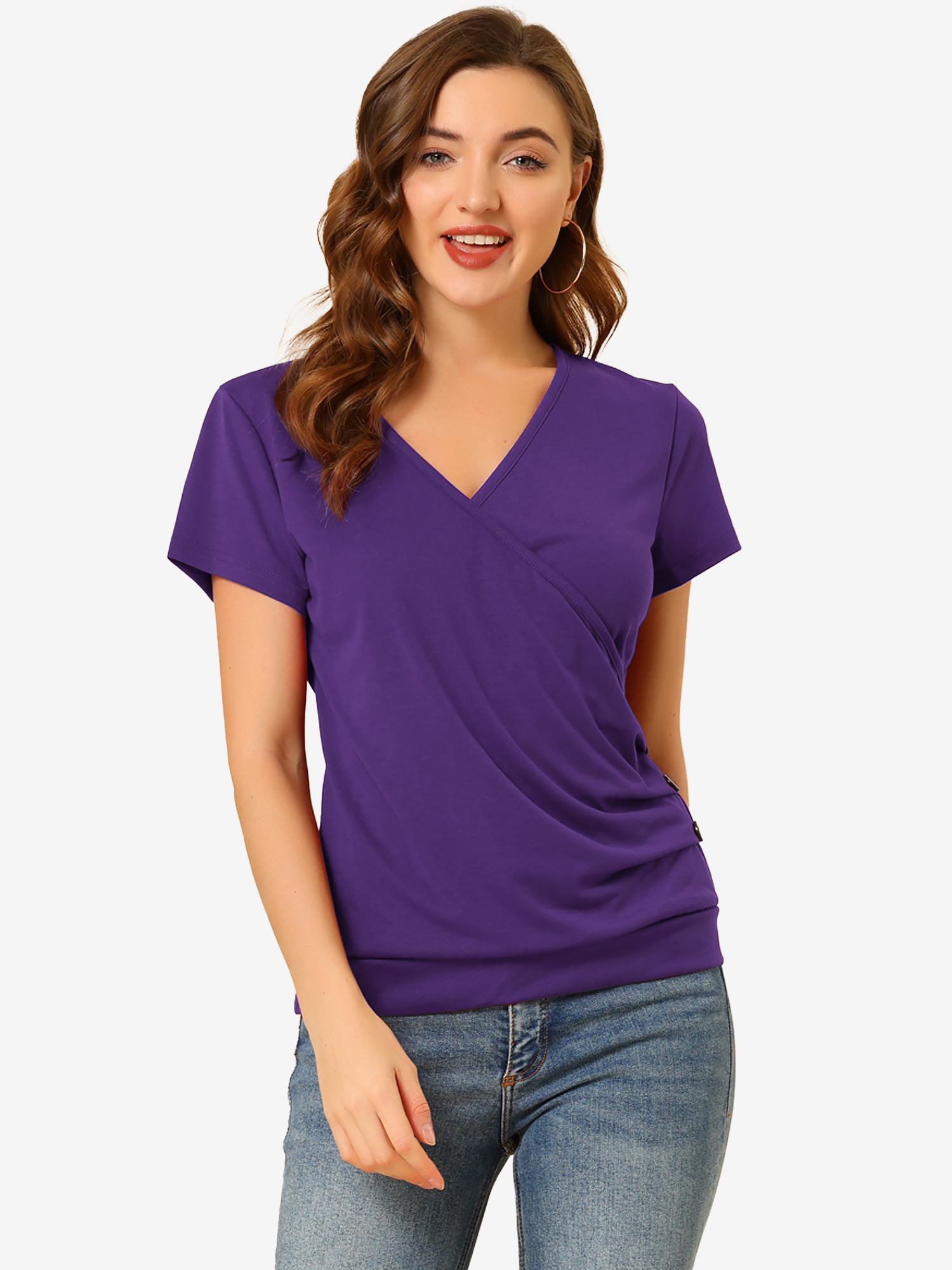 Wrap V Neck Short Sleeve Button Decor Ruched Top Purple/L