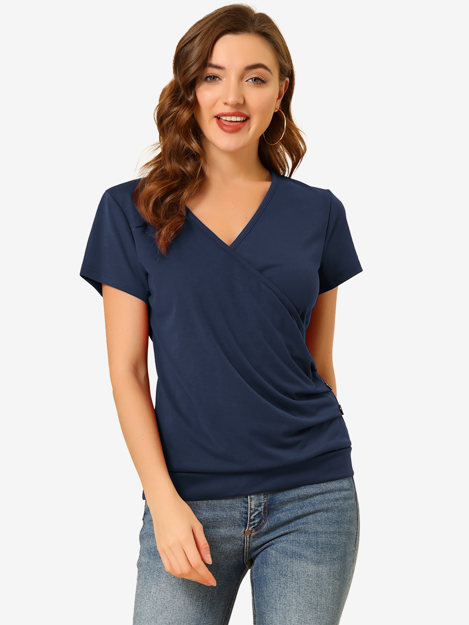 Wrap V Neck Short Sleeve Button Decor Ruched Top Navy Blue/XS