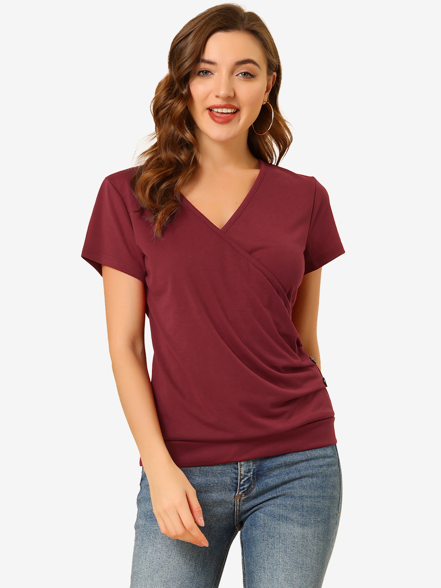 Wrap V Neck Short Sleeve Button Decor Ruched Top Burgundy/S