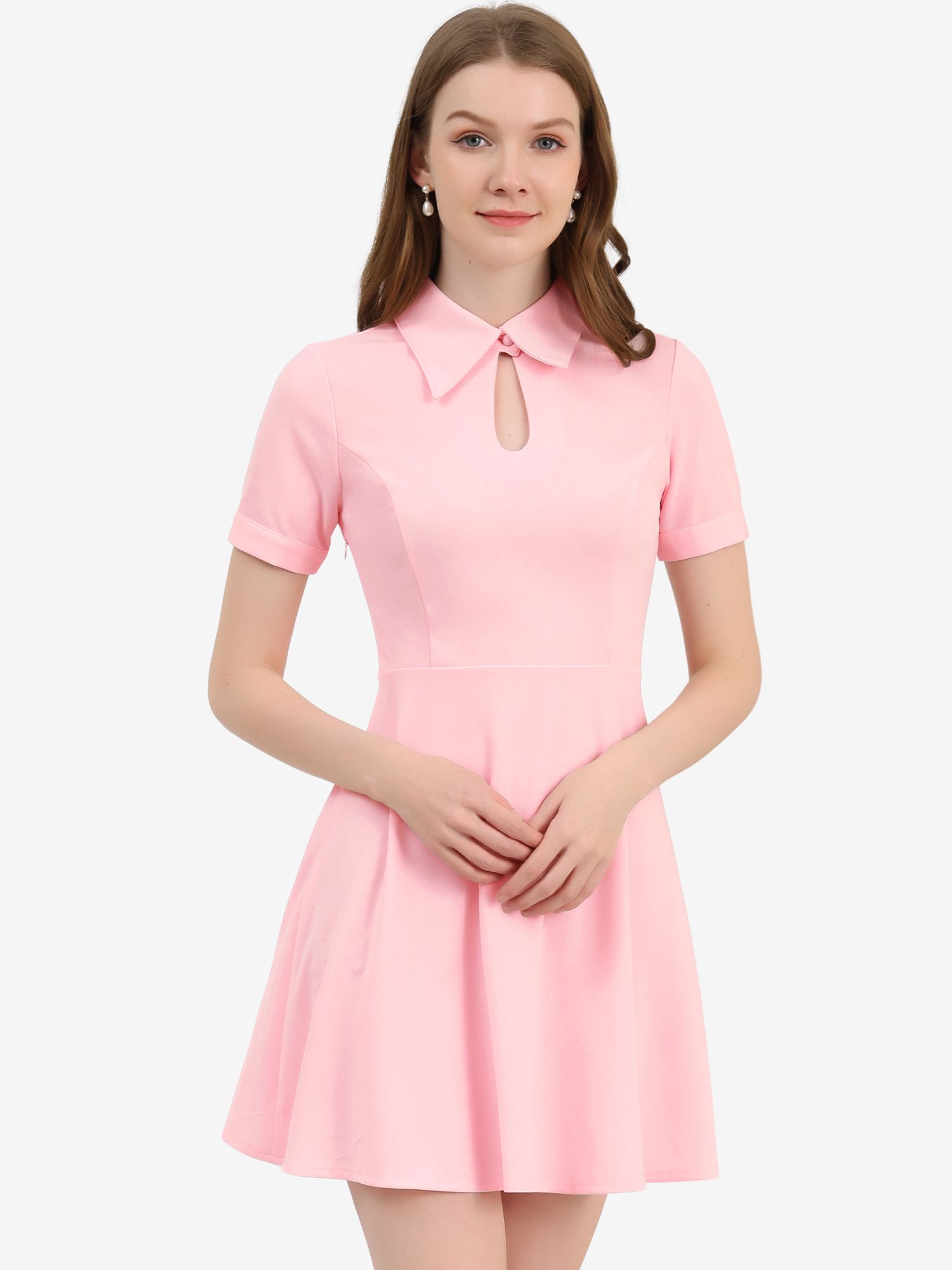 Work Fit and Flare Mini Turndown Collared Keyhole Dress Light Pink/M