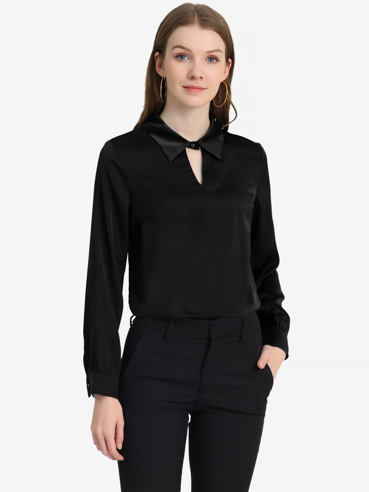 Silky Satin Long Sleeve Elegant Office Keyhole Collared Blouse Black/S