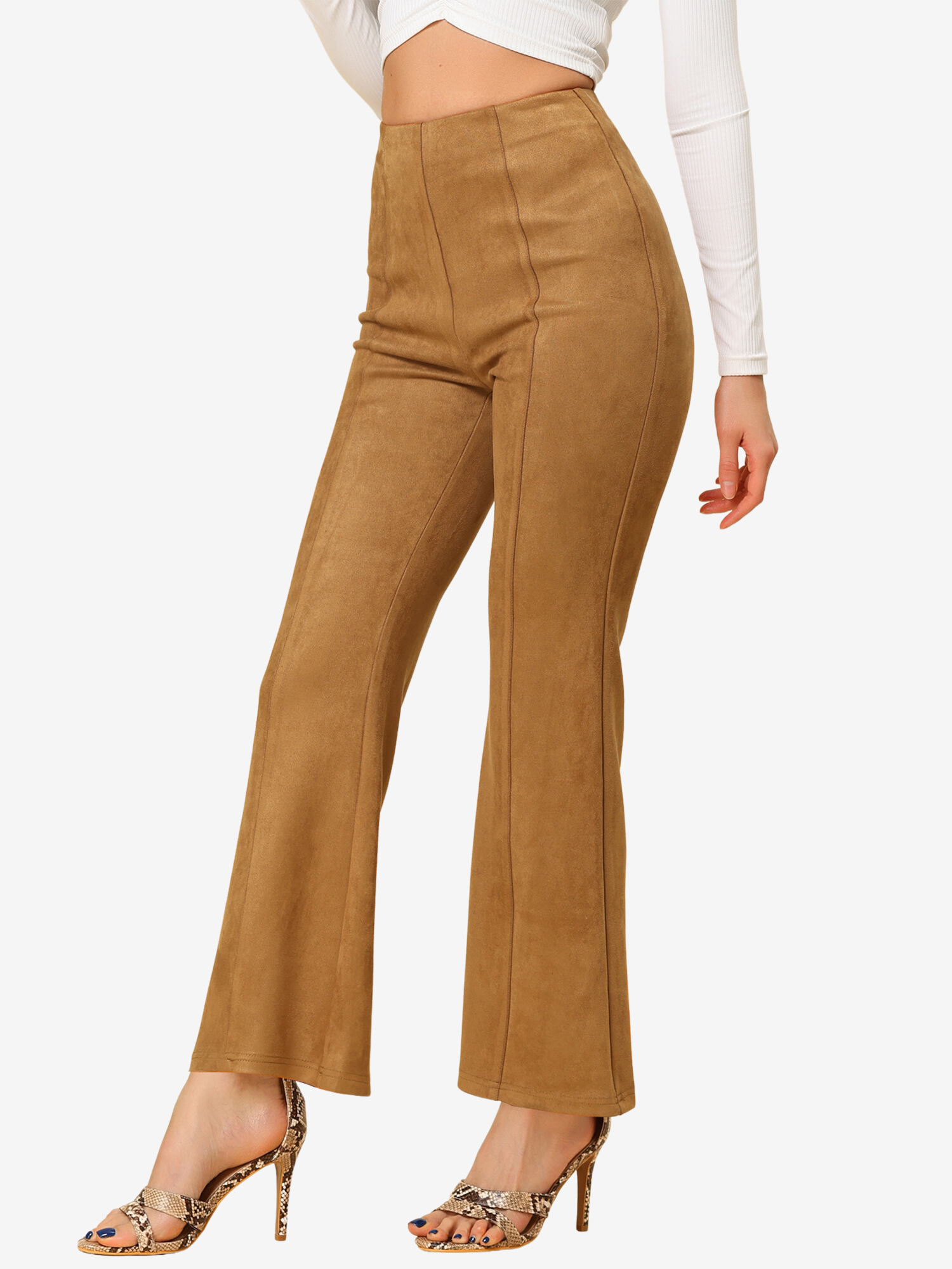 Faux Suede Wide Leg Casual Business Flared Bell Pants Brown/L