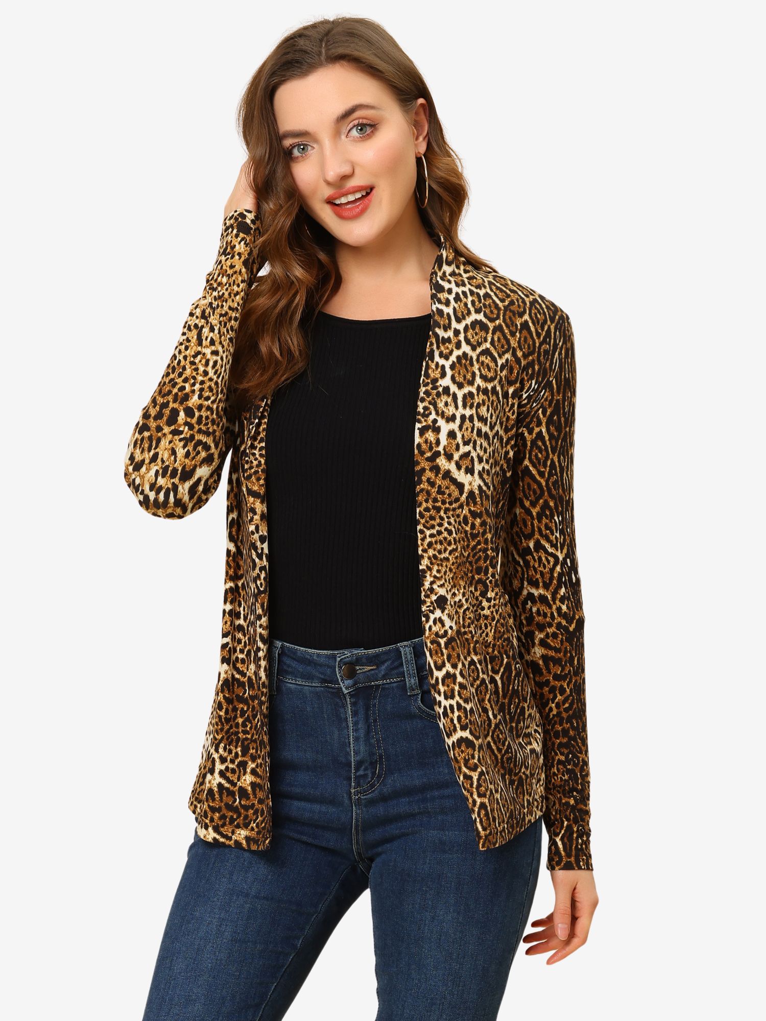 Long Sleeve Shawl Collar Open Front Lightweight Jacket Leopard/XS