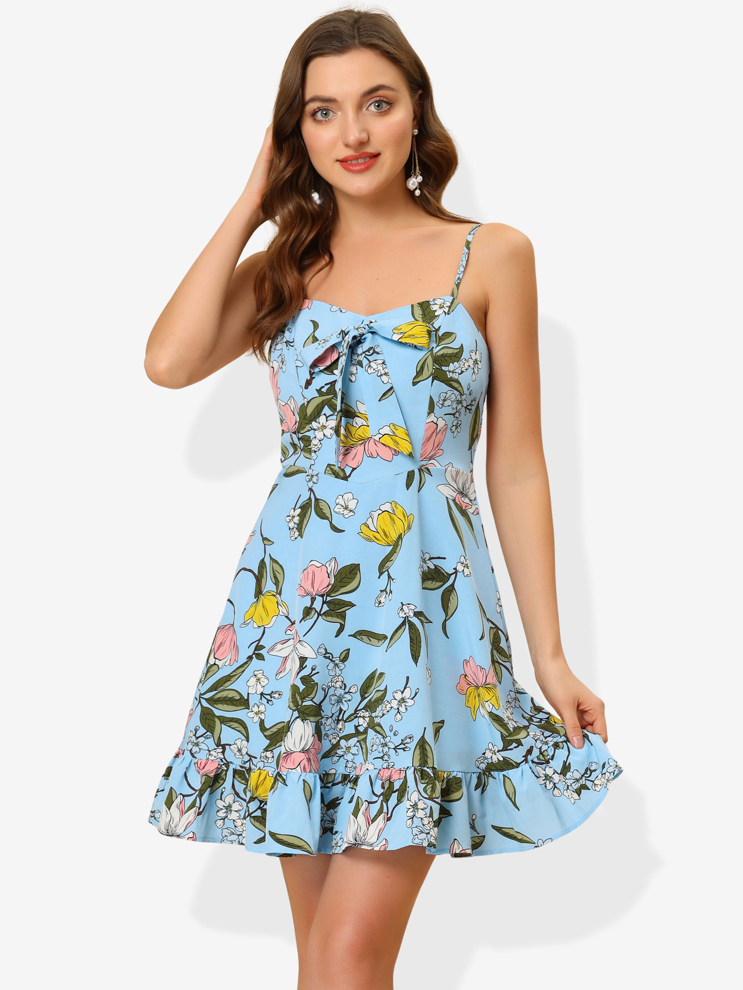 Ruffle Bow Knot Mini Sundress Lemon Spaghetti Strap Dress Blue Floral/S
