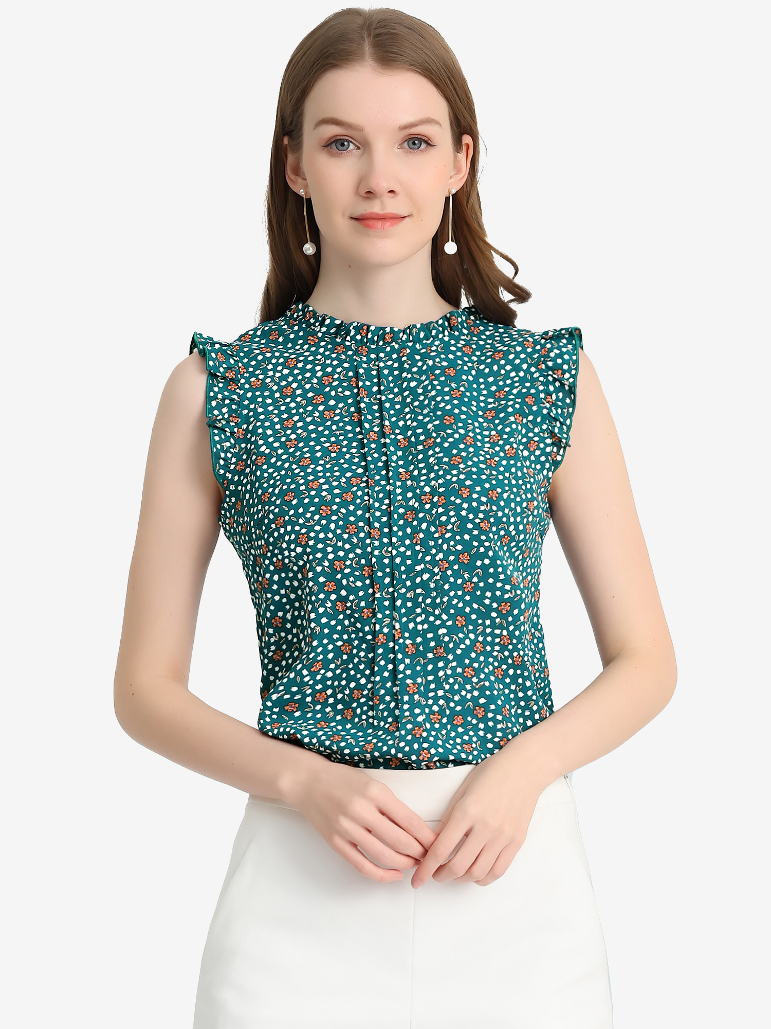 Ruffled Floral Casual 1950s Retro Sleeveless Blouses Blue Green-Floral/S