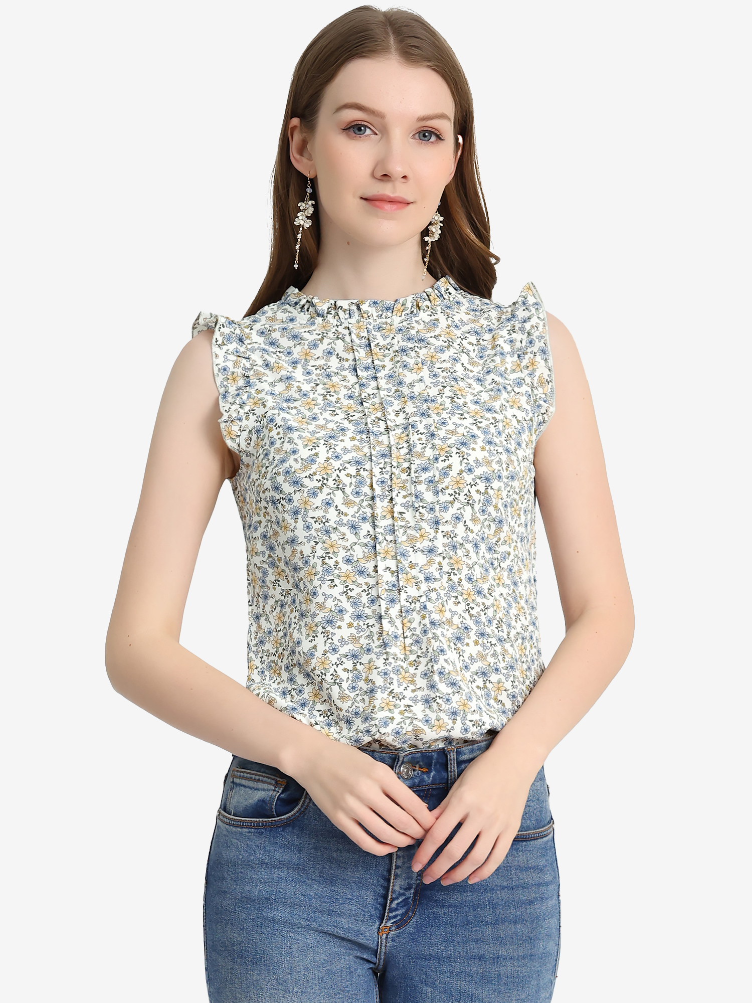 Ruffled Floral Casual 1950s Retro Sleeveless Blouses White-Floral/XS