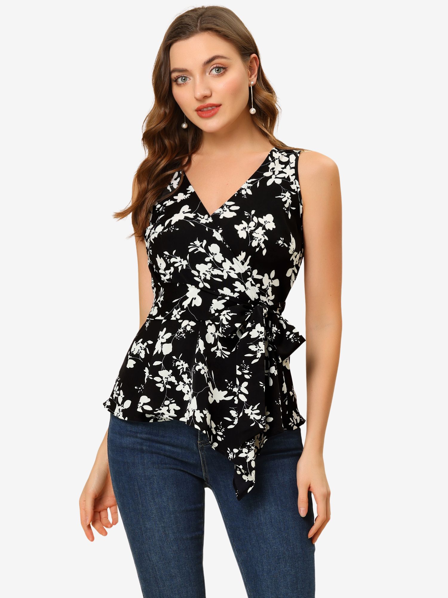 Sleeveless V Neck Tie Waist Asymmetric Hem Floral Peplum Top Black White-Floral/L