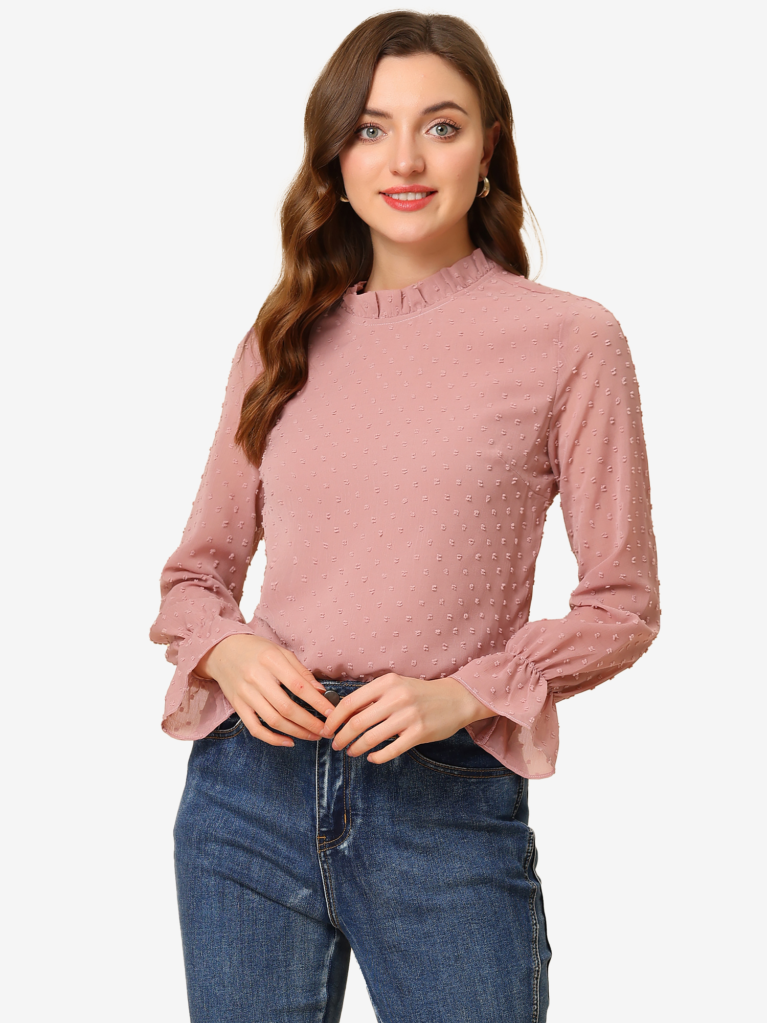 Allegra K Elegant Swiss Dots Long Sleeve Mock Neck Blouse Rose Red/L