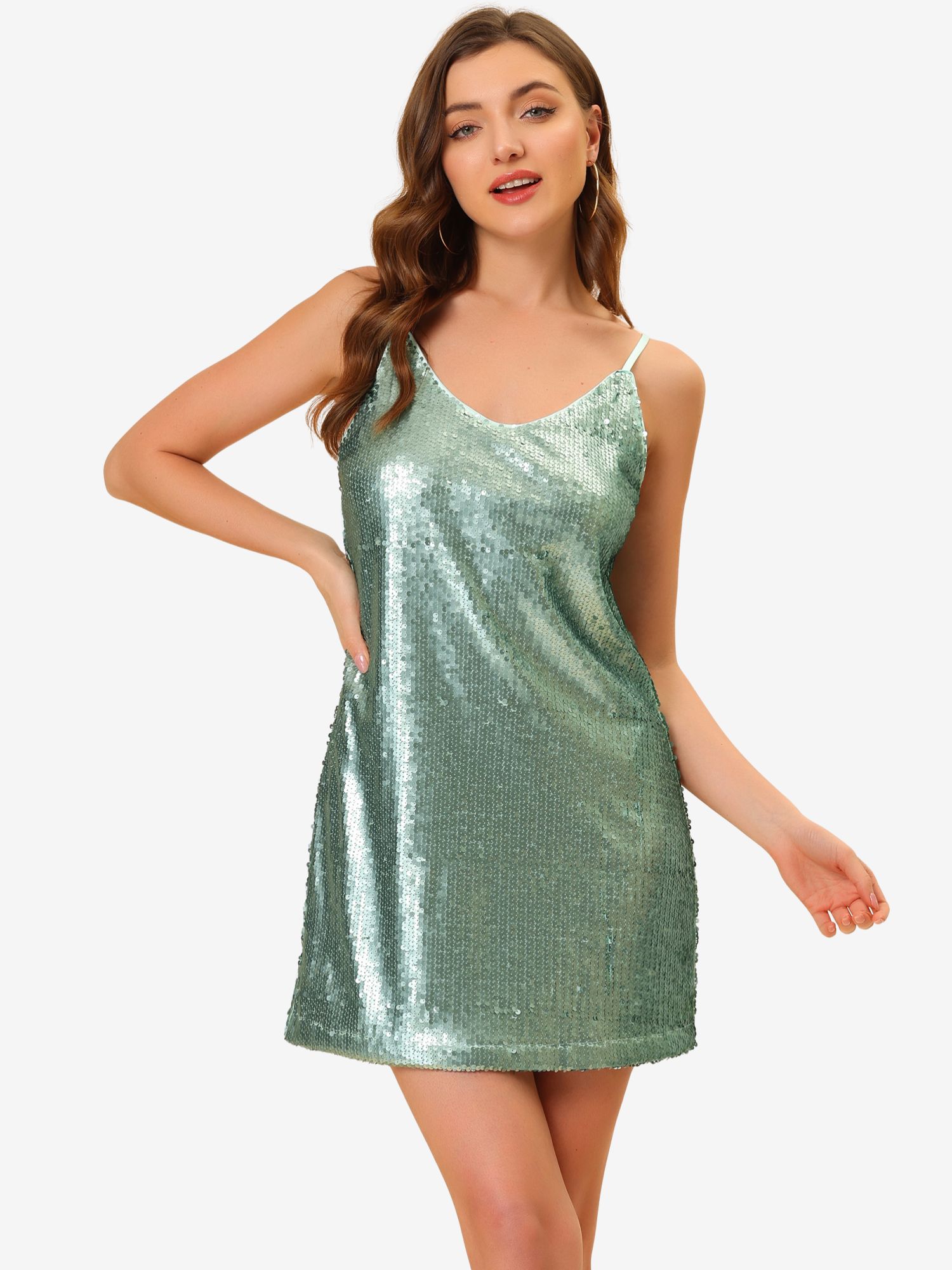 Glitter V Neck Spaghetti Strap Clubwear Mini Party Dress Light Green/S