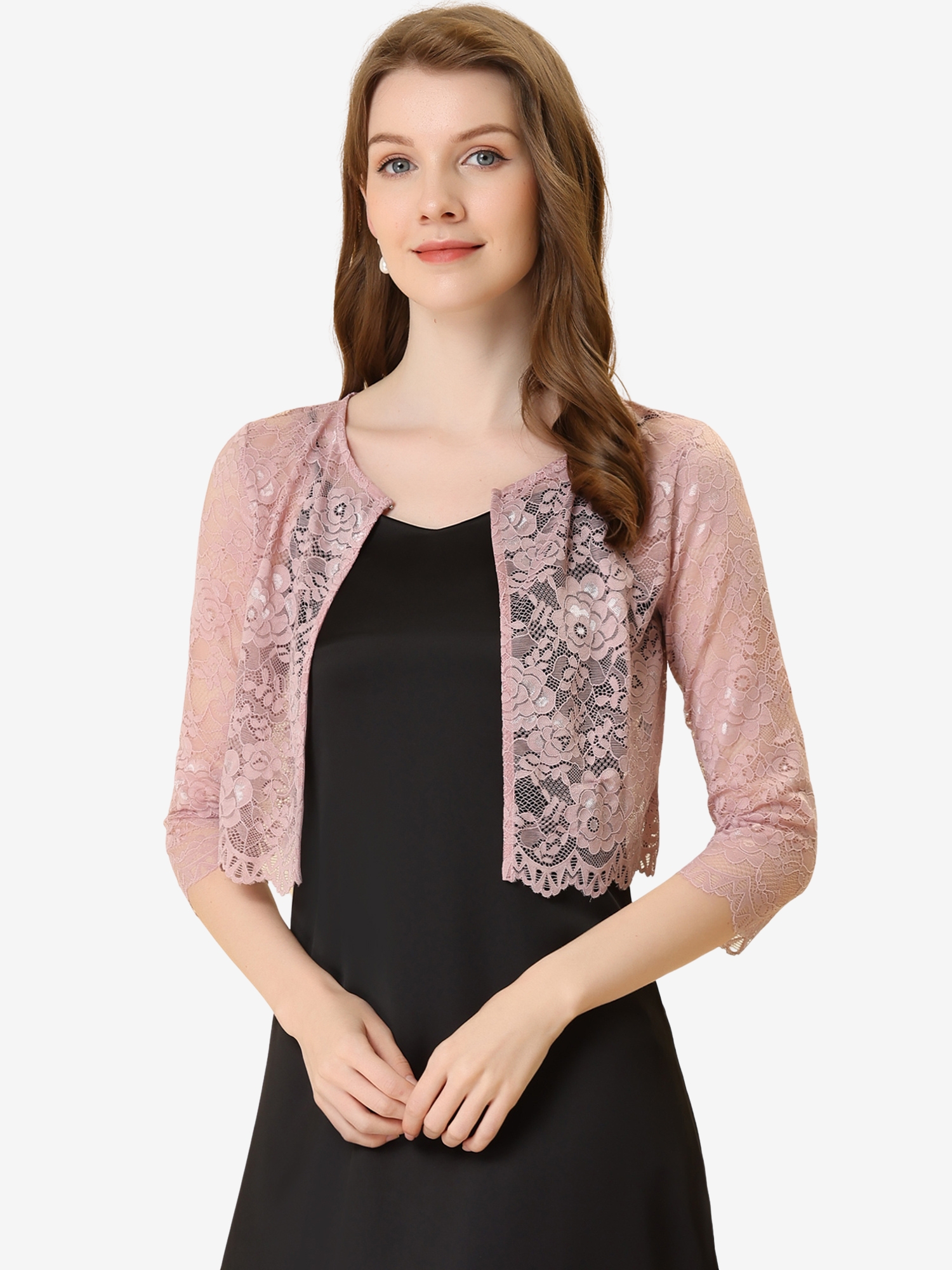 Allegra K Elegant Sheer Floral Lace Cropped Bolero Shrug Grey Pink/XL