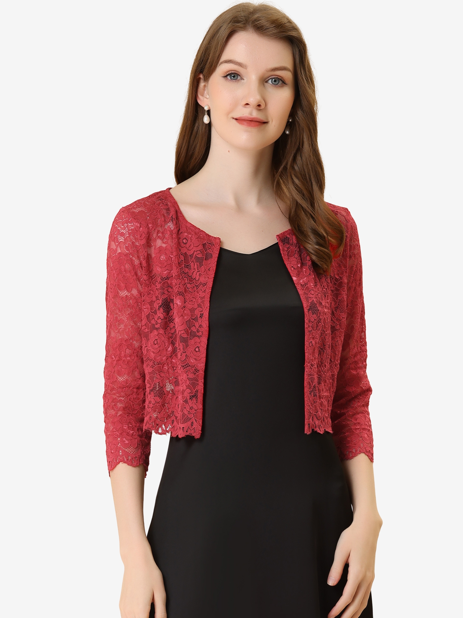 Allegra K Elegant Sheer Floral Lace Cropped Bolero Shrug Red/L