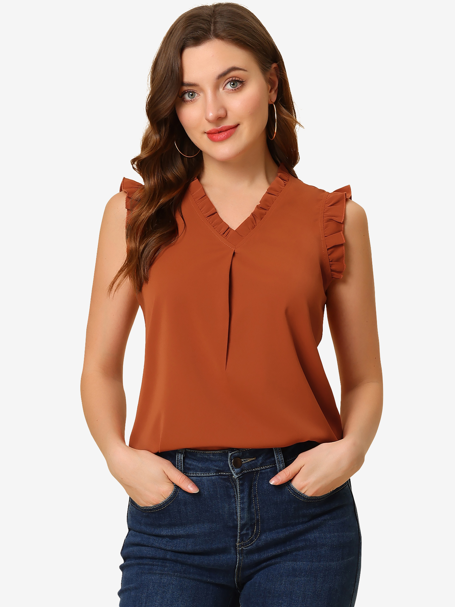 Ruffled Sleeveless Blouse 1950s Vintage Work Business Tops Caramel/L