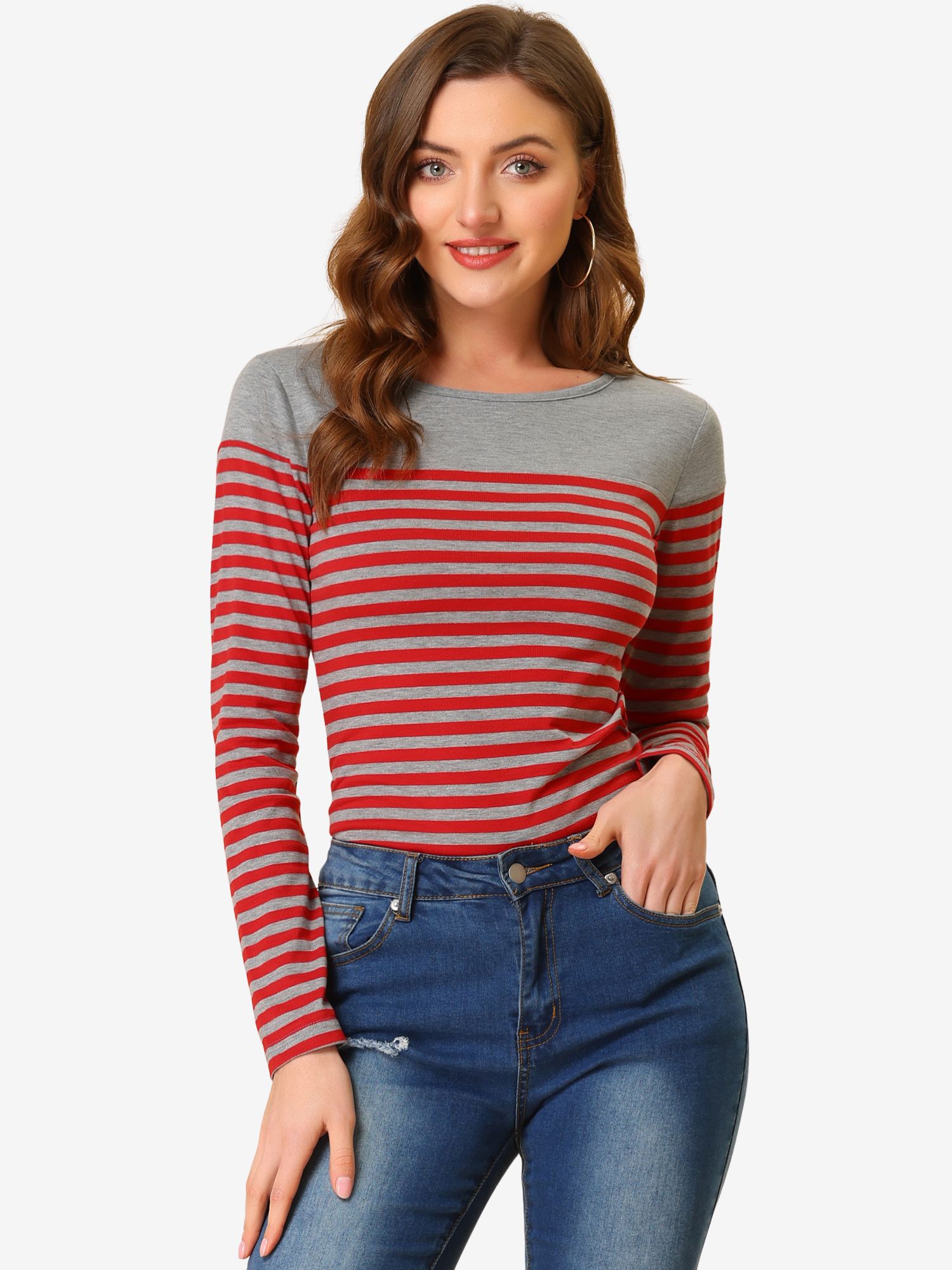 Striped Color Block Long Sleeve Round Neck T-Shirt Red Gray/XS