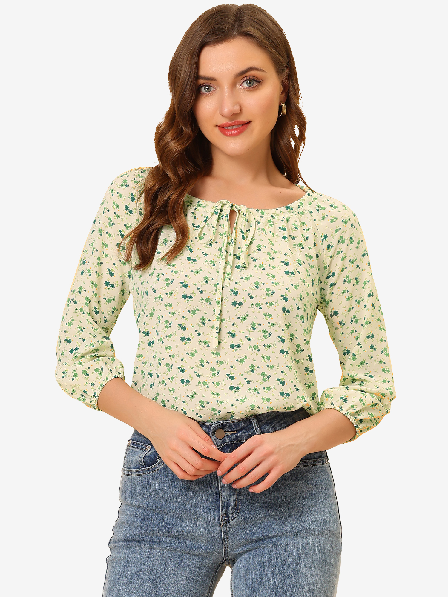 Bow Tie Neck 3/4 Raglan Sleeve Floral Blouse Tops Green White/M