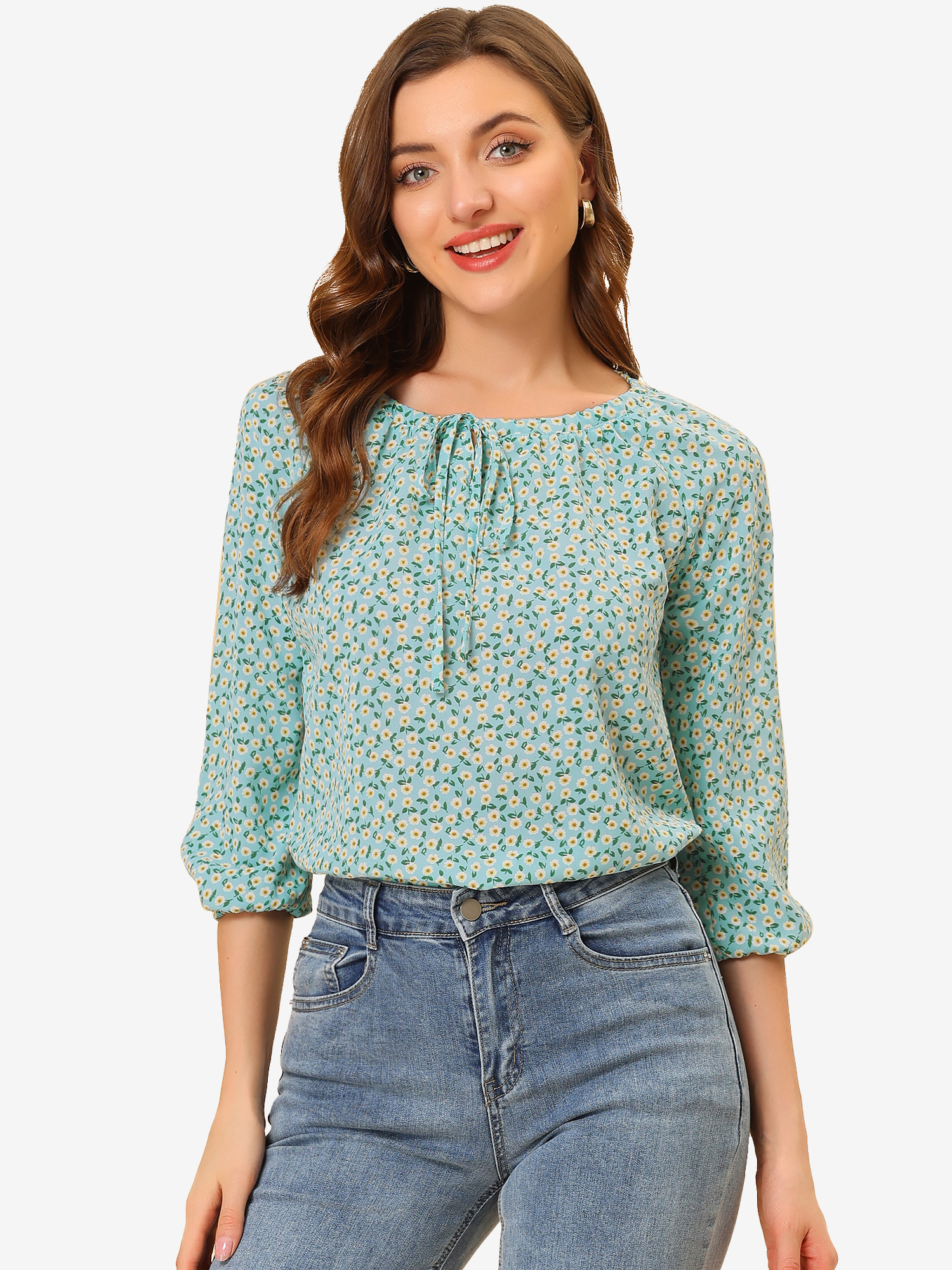 Bow Tie Neck 3/4 Raglan Sleeve Floral Blouse Tops Light Green/M
