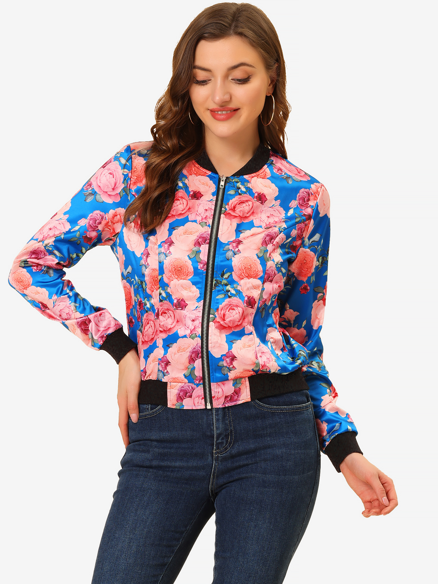 Stand Collar Floral Print Zip Up Bomber Jacket Lake Blue/XS