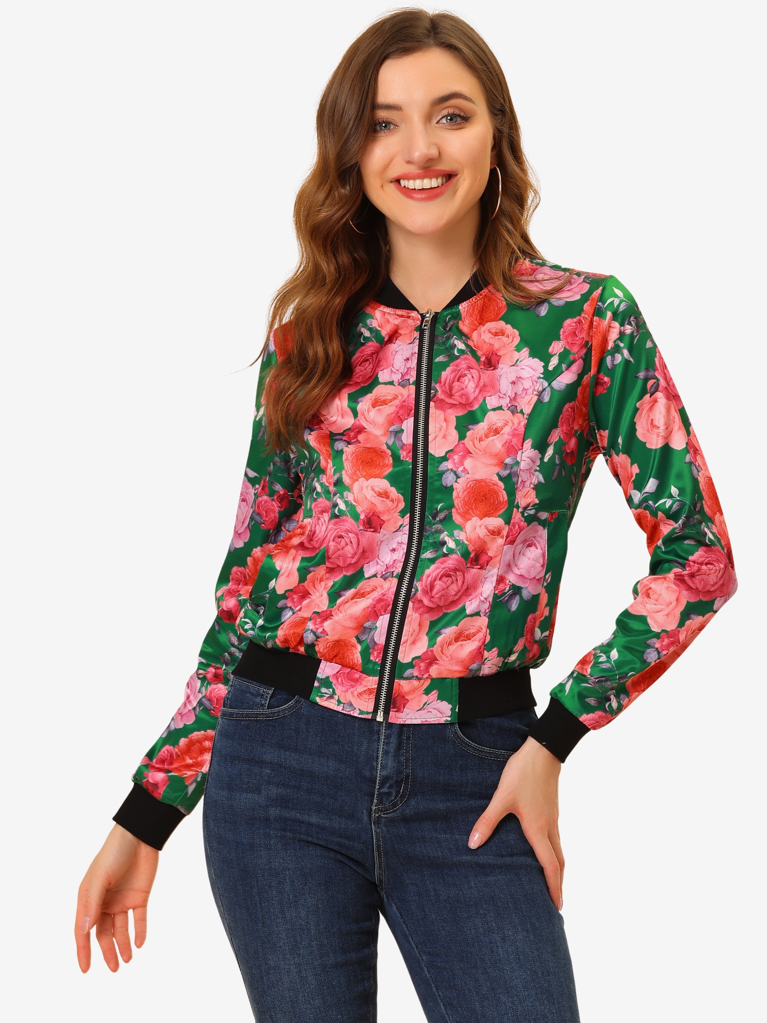 Stand Collar Floral Print Zip Up Bomber Jacket Green Pink/XS