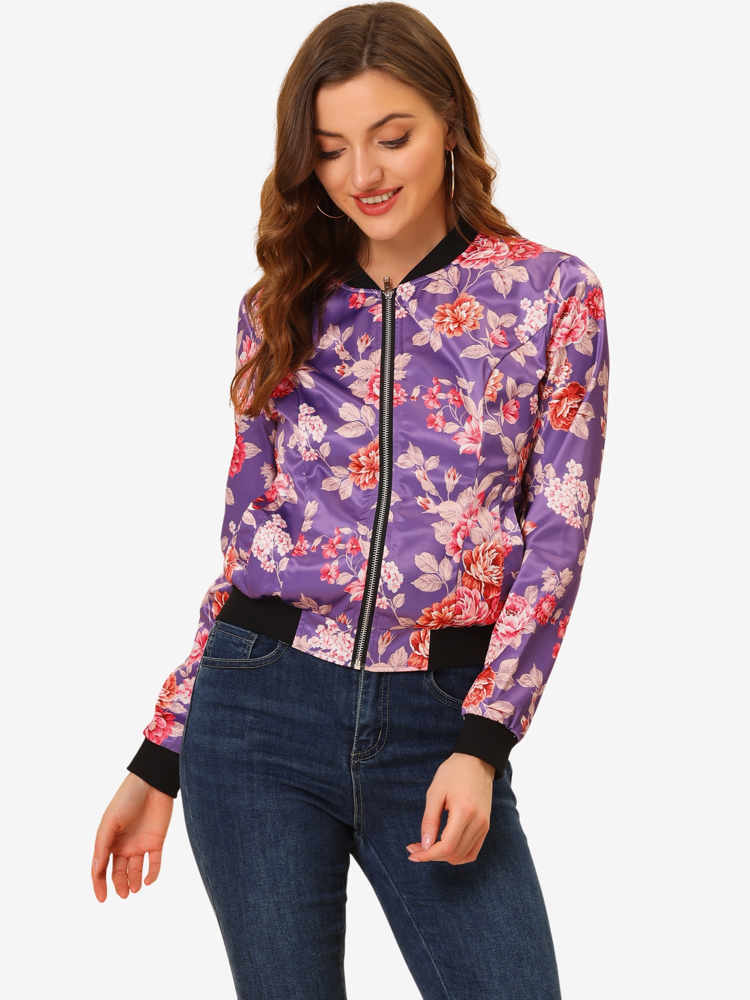 Stand Collar Floral Print Zip Up Bomber Jacket Purple/XS