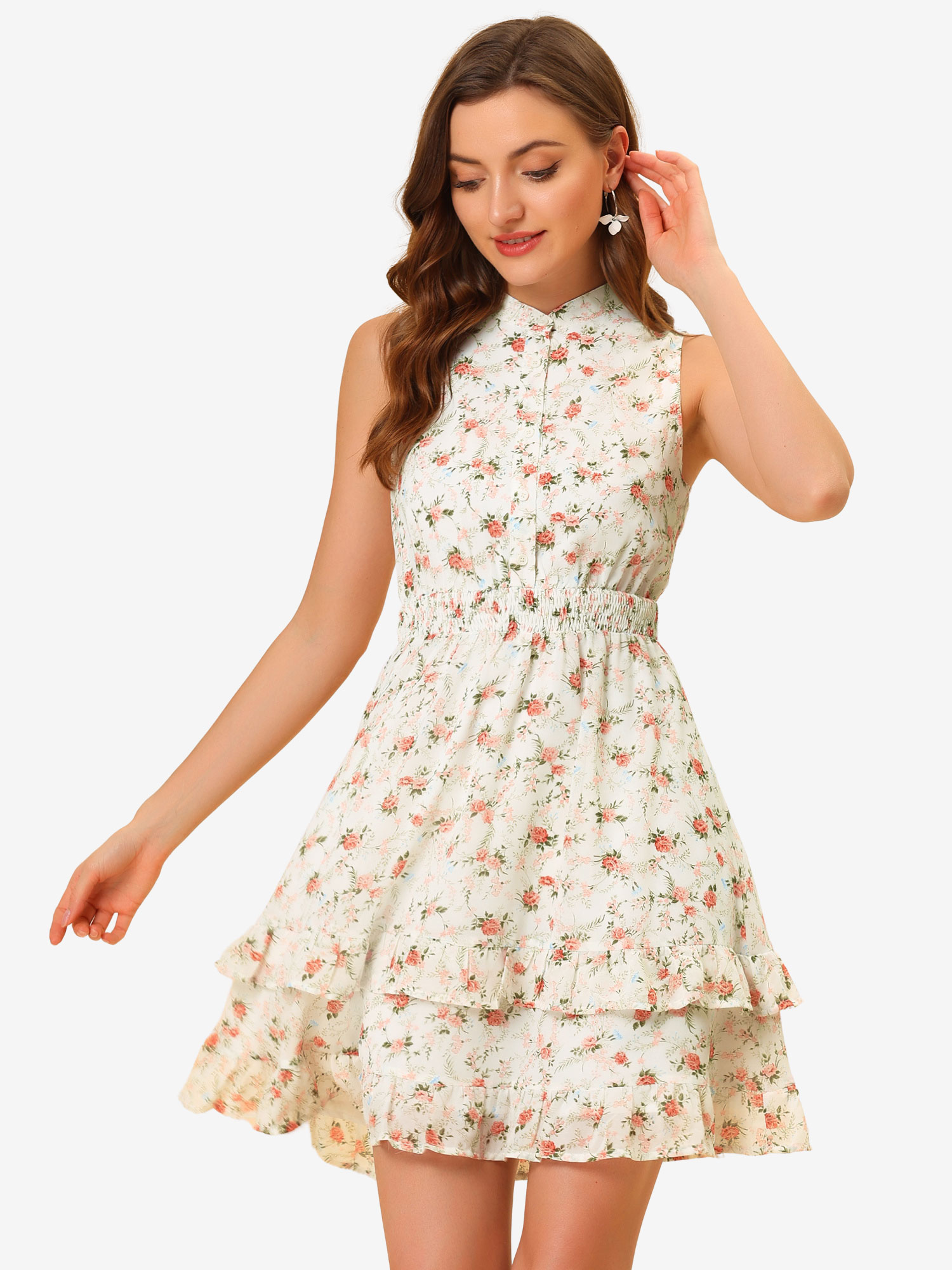 Floral A-line Smocked Waist Tiered Ruffled Chiffon Mini Dress White-Floral/XL