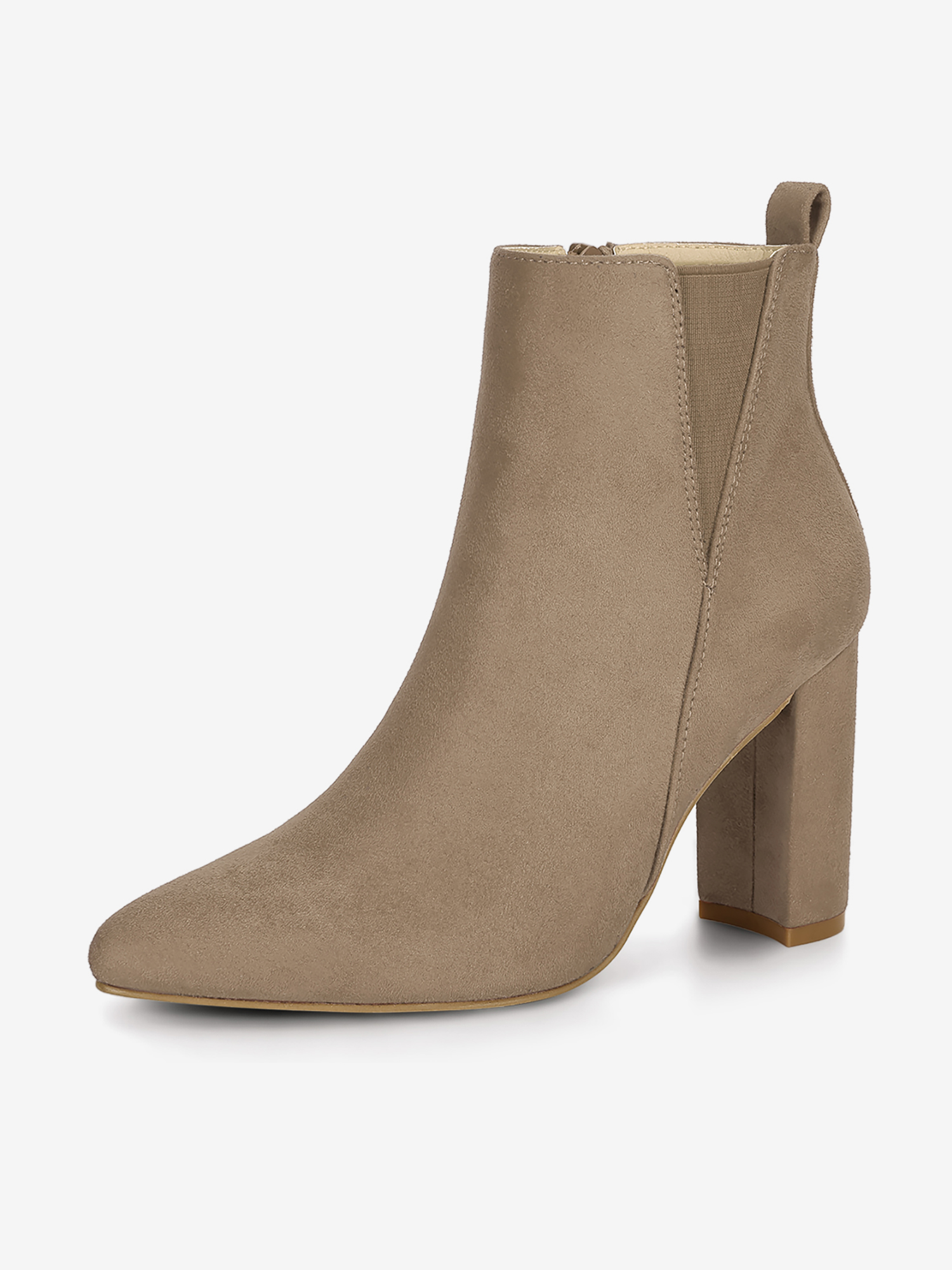 Pointed Toe Zipper Block Heel Ankle Chelsea Boots Taupe/9