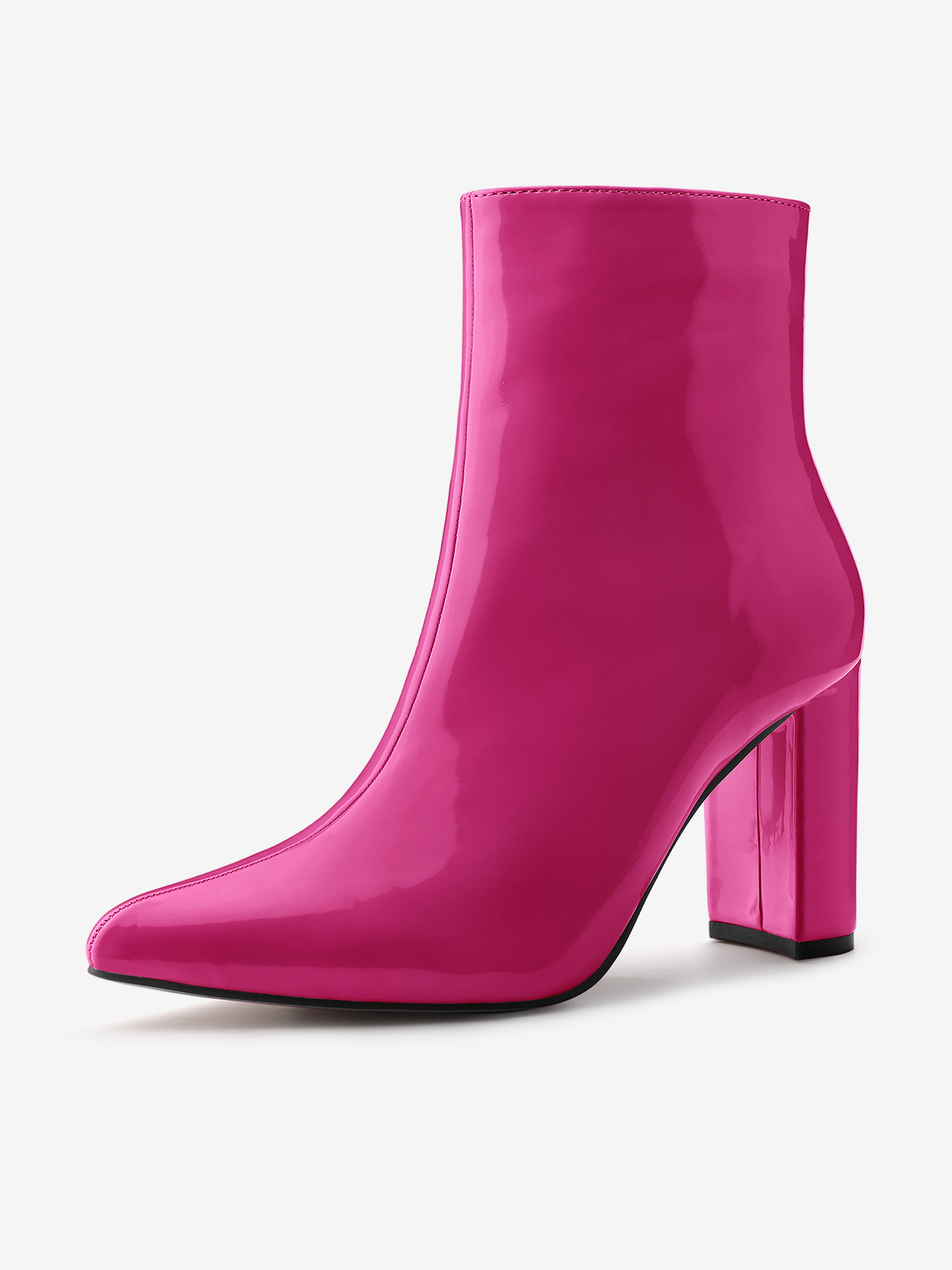 Faux Patent Leather Chunky Heel Pointed Toe Zipper Ankle Boots HotPink/7
