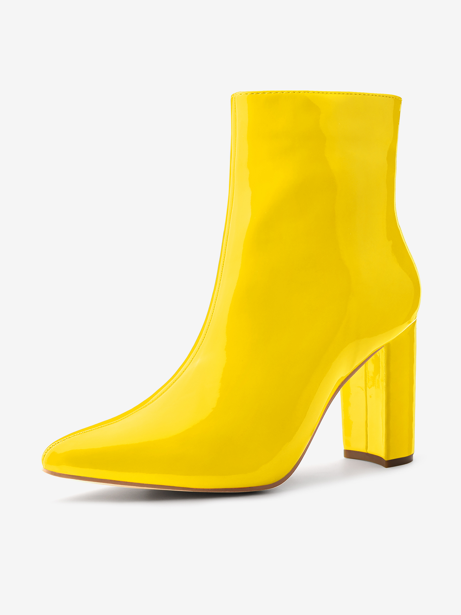 Faux Patent Leather Chunky Heel Pointed Toe Zipper Ankle Boots Yellow/8