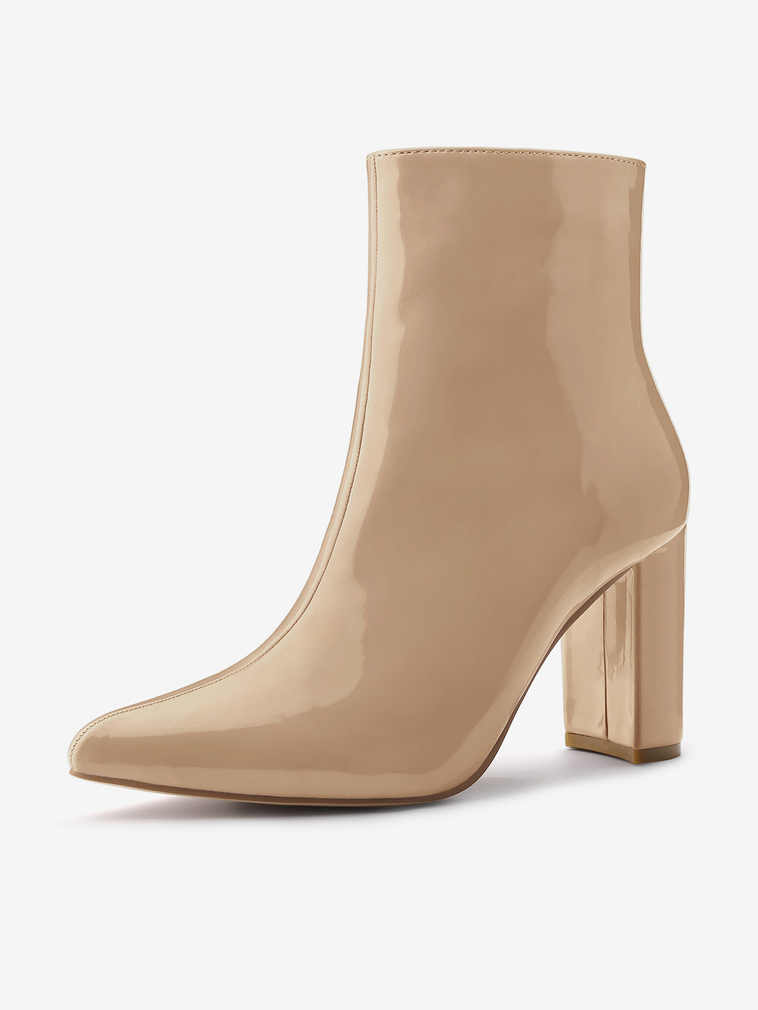 Faux Patent Leather Chunky Heel Pointed Toe Zipper Ankle Boots Nude/7