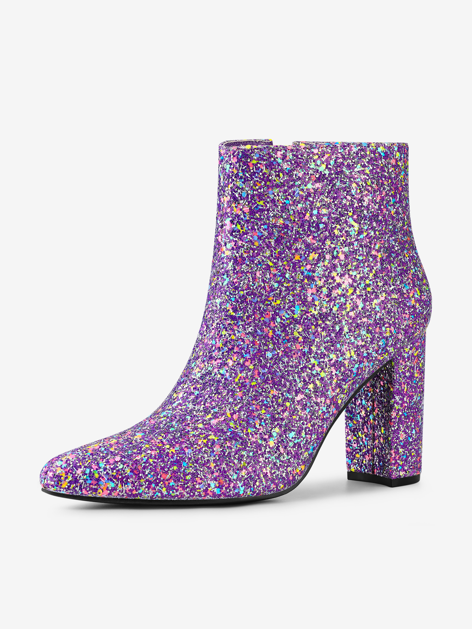 Glitter Pointed Toe Chunky Heel Zipper Ankle Boots Purple/5.5