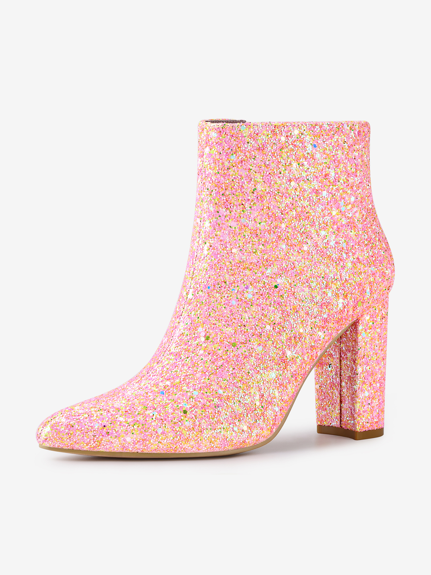 Glitter Pointed Toe Chunky Heel Zipper Ankle Boots Light Pink/8