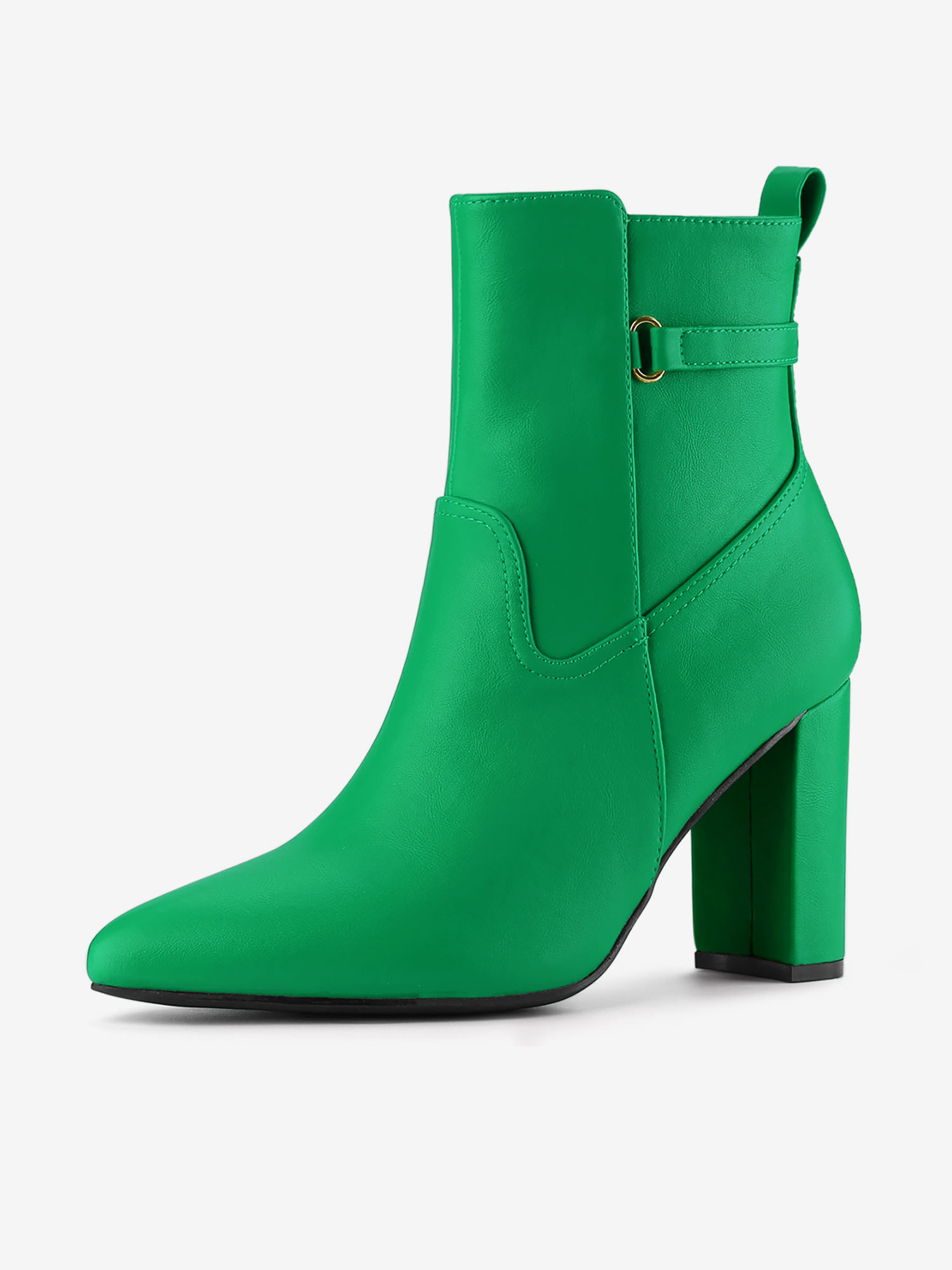Belt Decor Zipper Pointed Toe Chunky High Heel Ankle Boots Grass Green/7