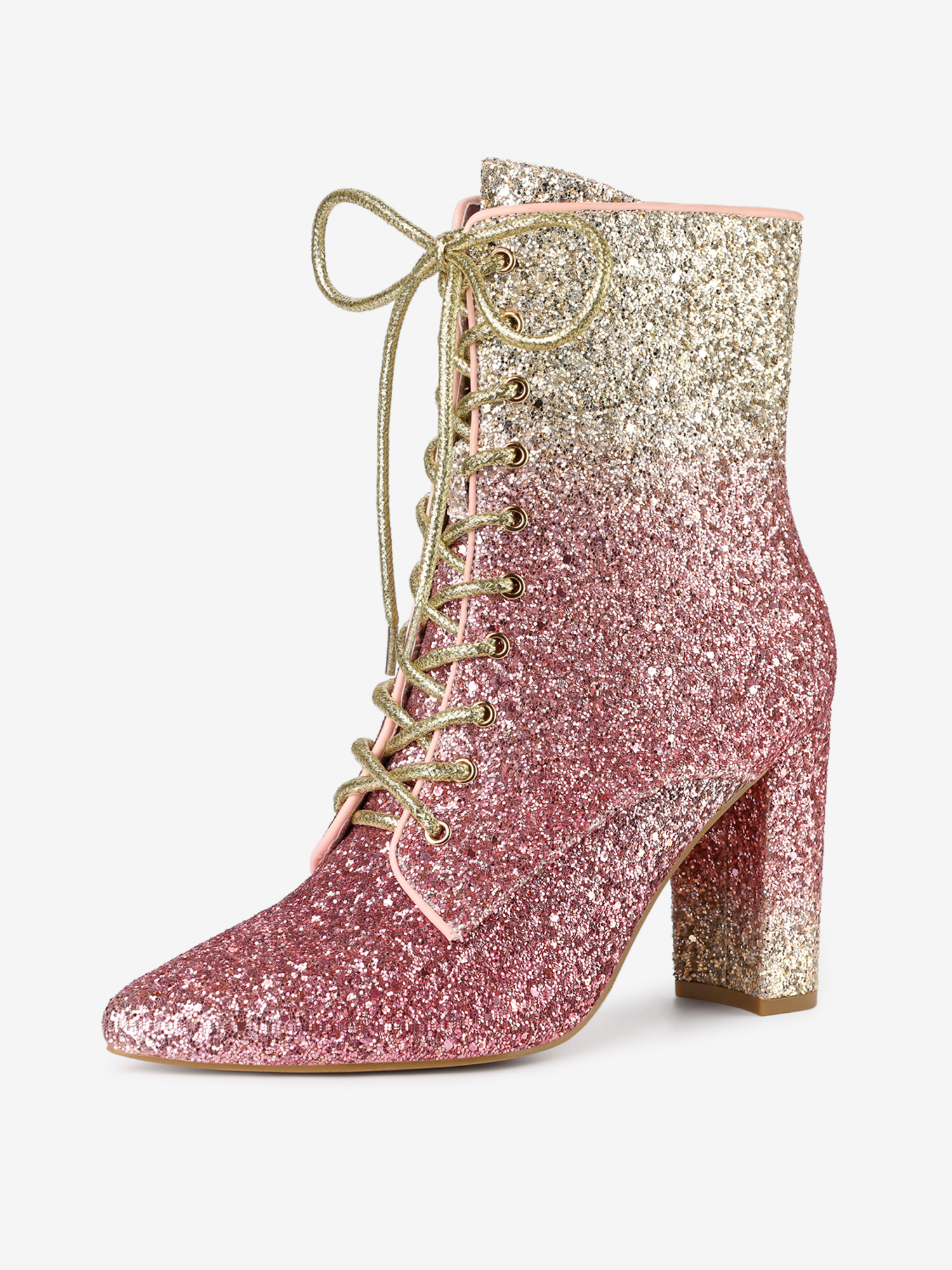 Glitter Pointed Toe Block Heel Halloween Ankle Boots Pink Silver/7