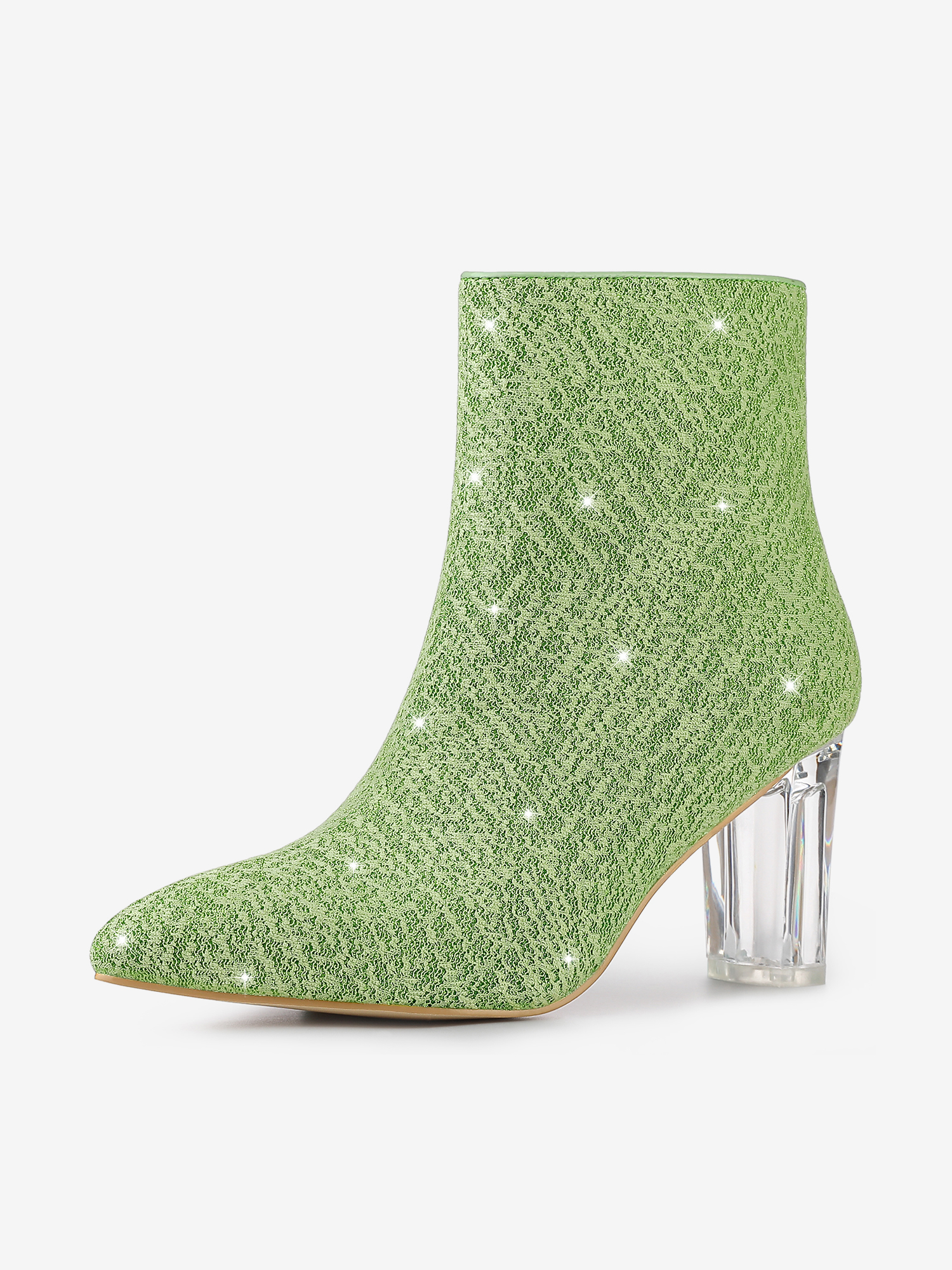 Pointed Toe Clear Block Heel Glitter Ankle Boots Green/8