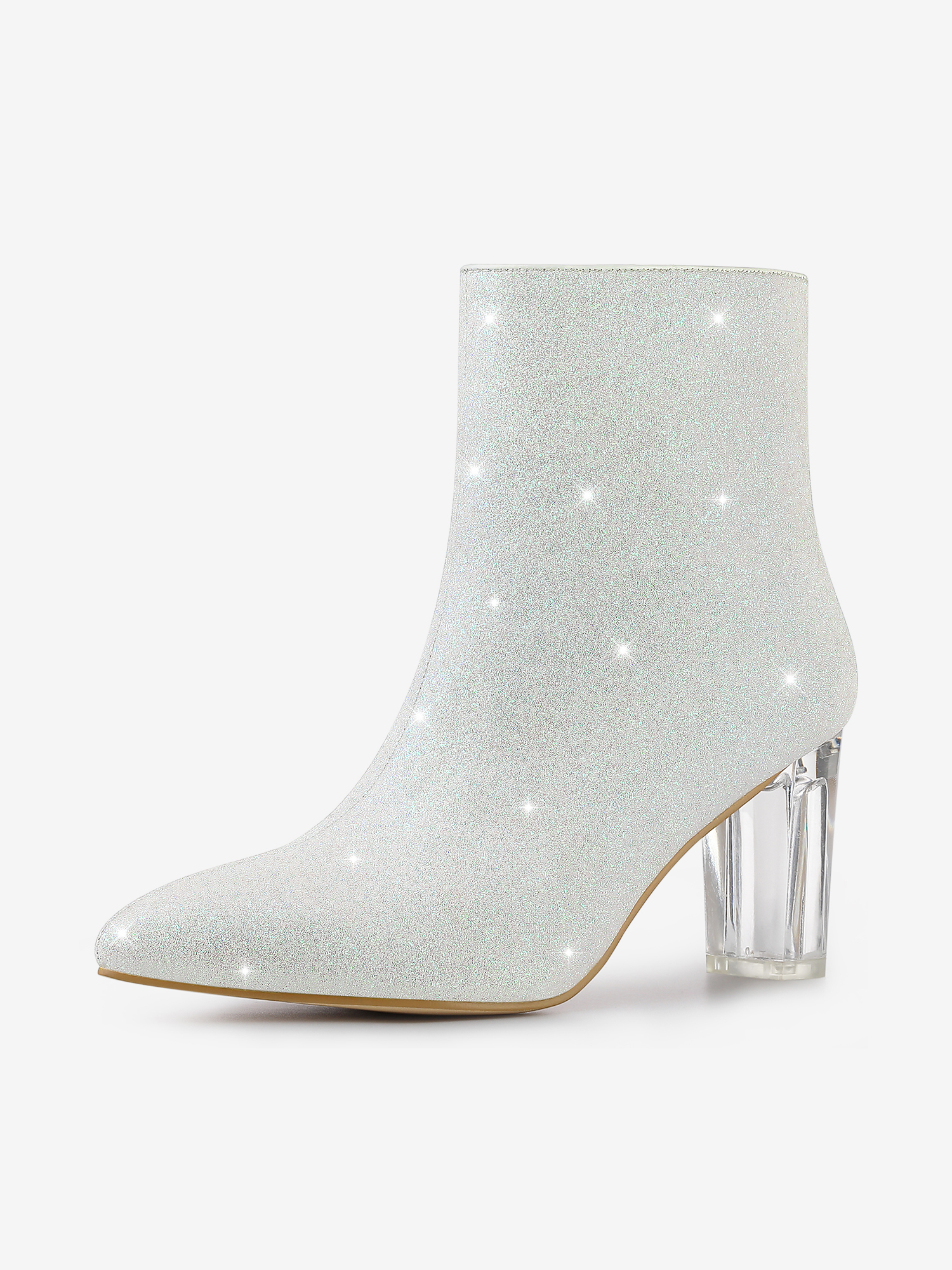 Pointed Toe Clear Block Heel Glitter Ankle Boots White/8