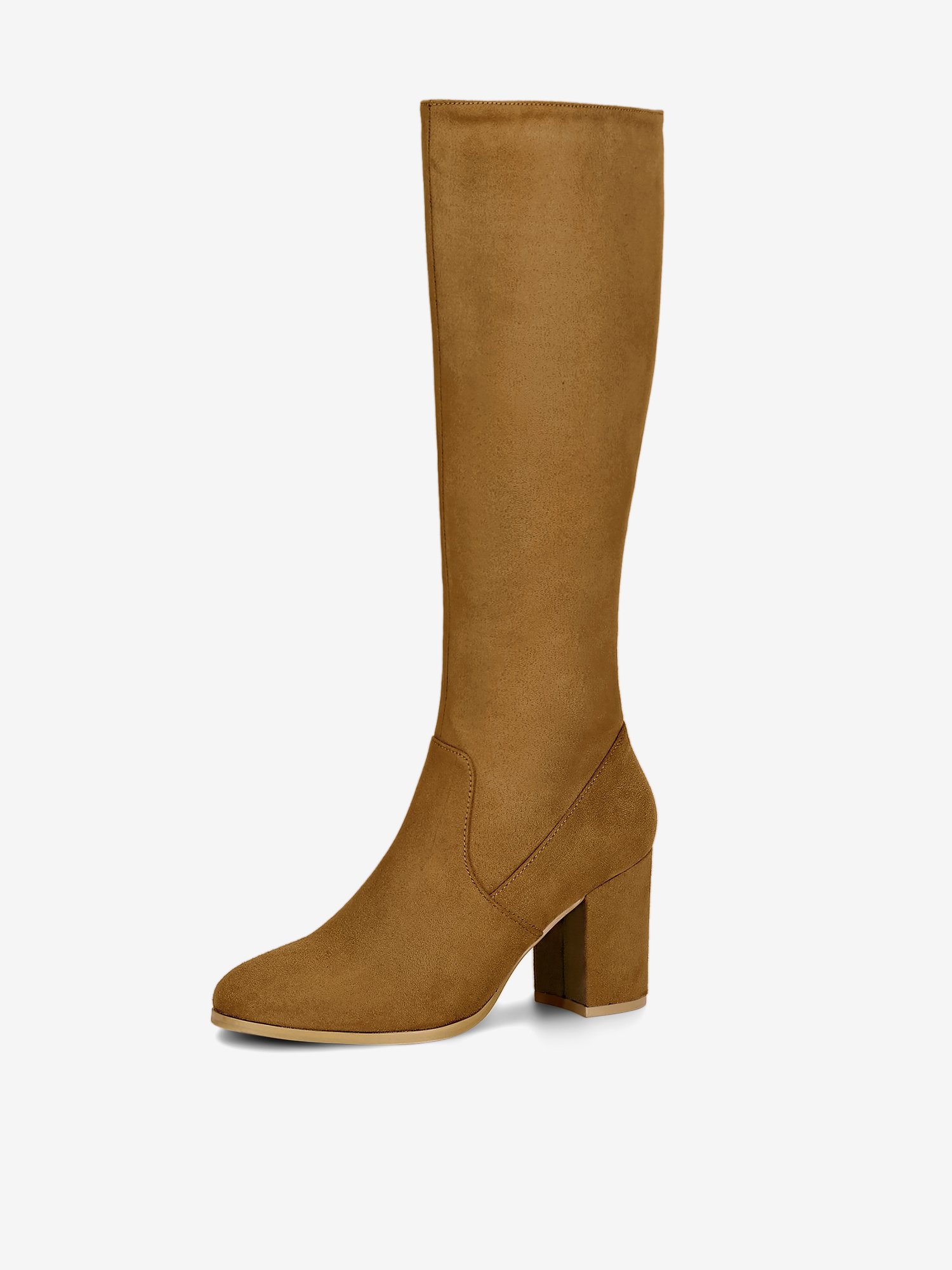 Faux Suede Side Zipper Chunky Heel Knee High Boots Brown/6
