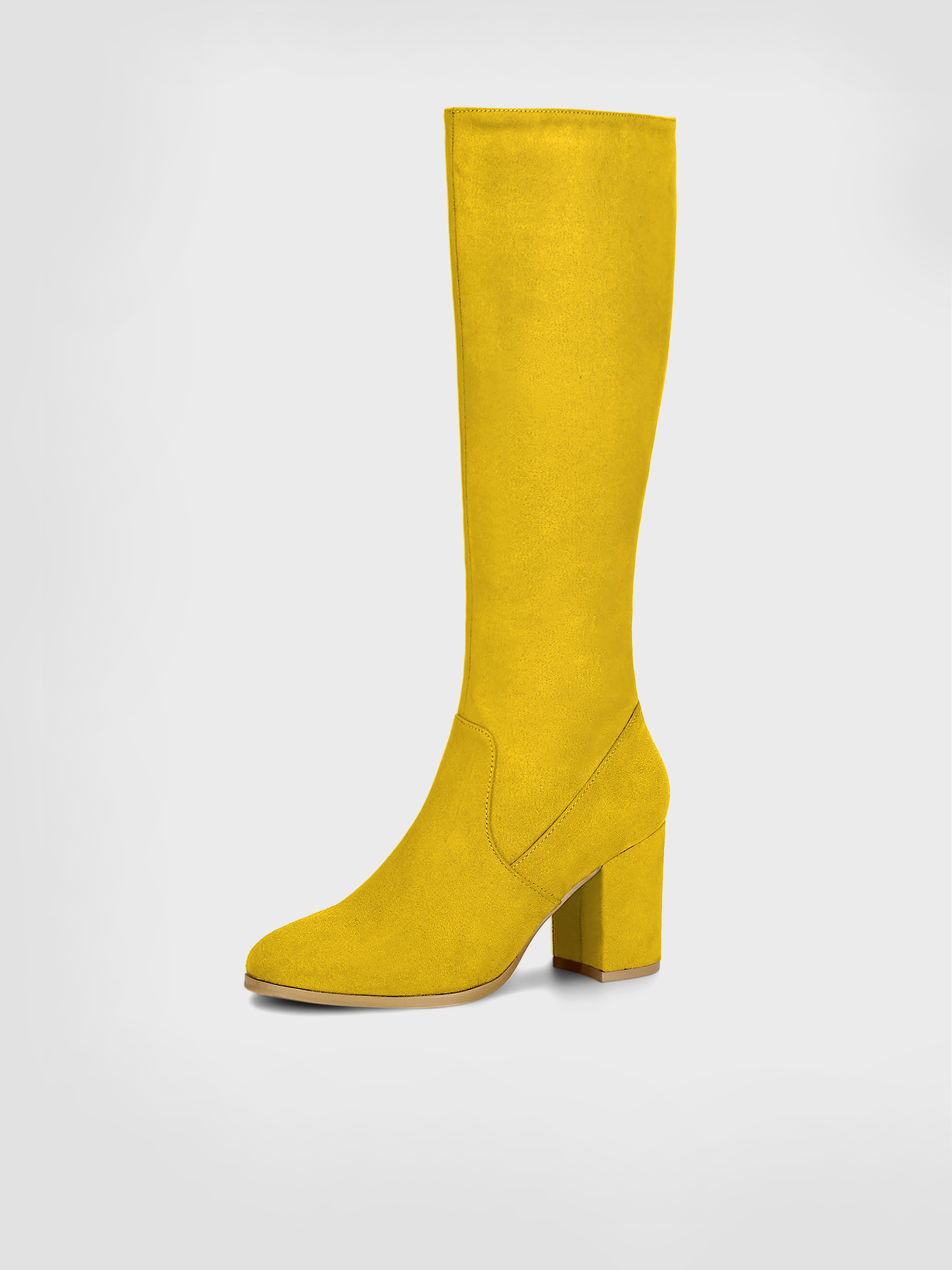Faux Suede Side Zipper Chunky Heel Knee High Boots Yellow/6