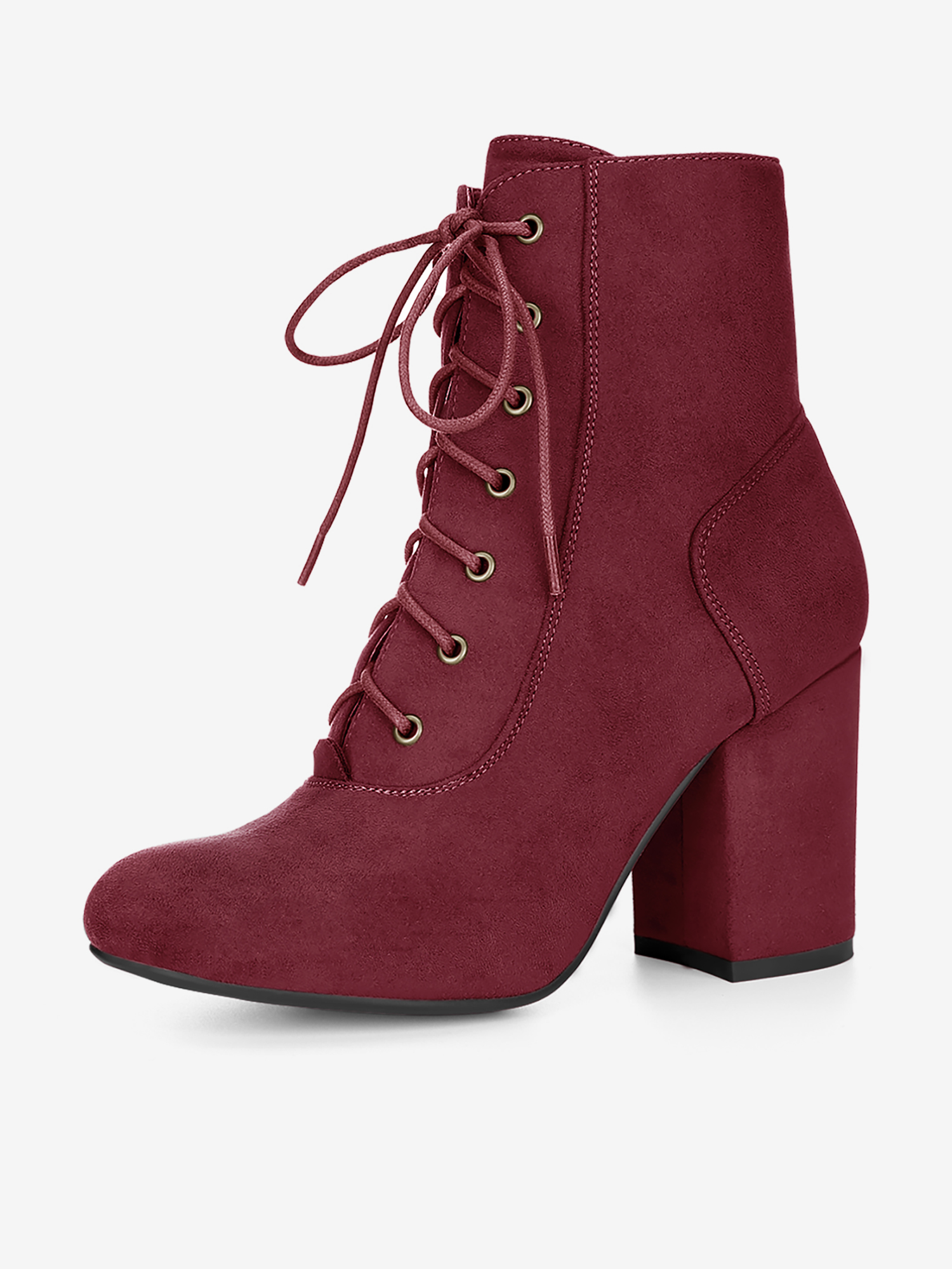 Faux Suede Round Toe Lace Up Chunky Heel Ankle Booties Burgundy/5.5