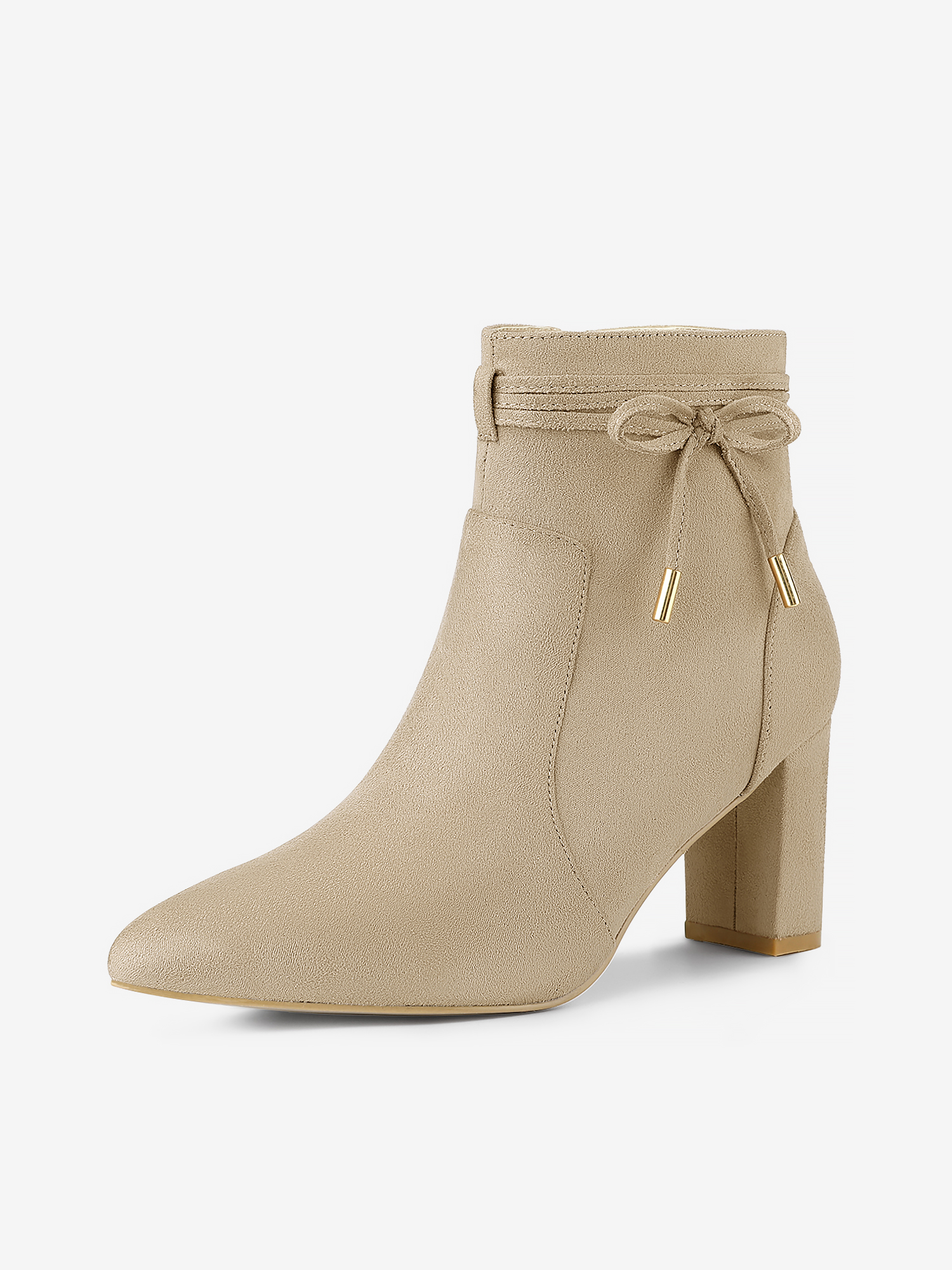 Pointed Toe Block Heel Zipper Ankle Boots Beige/7