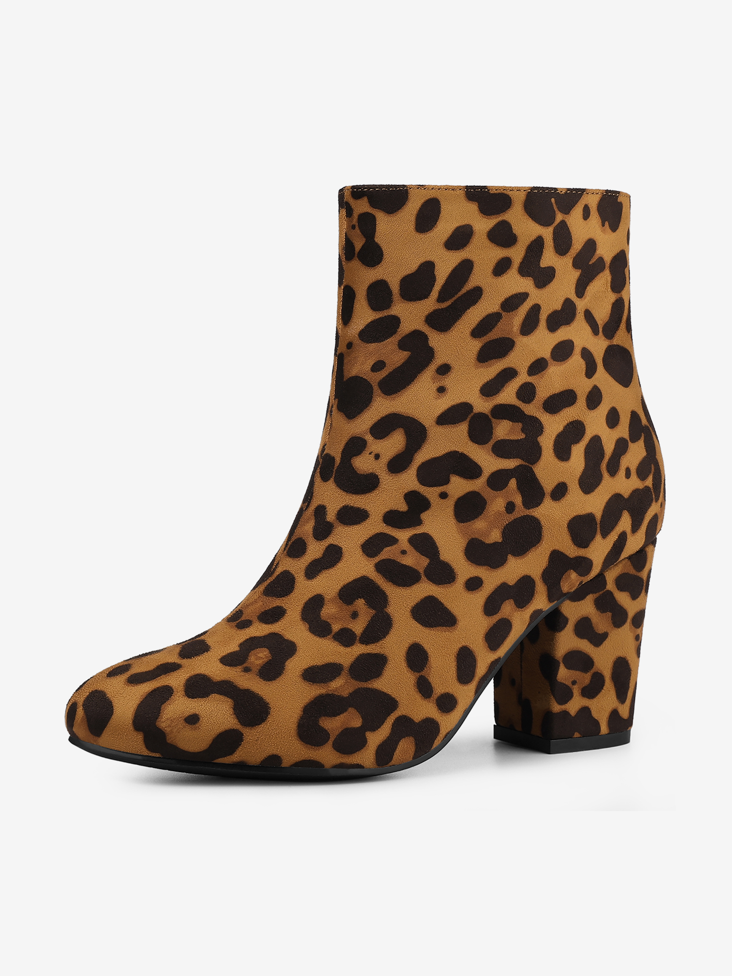 Faux Suede Round Toe Block Heel Zipper Ankle Boots Leopard/10