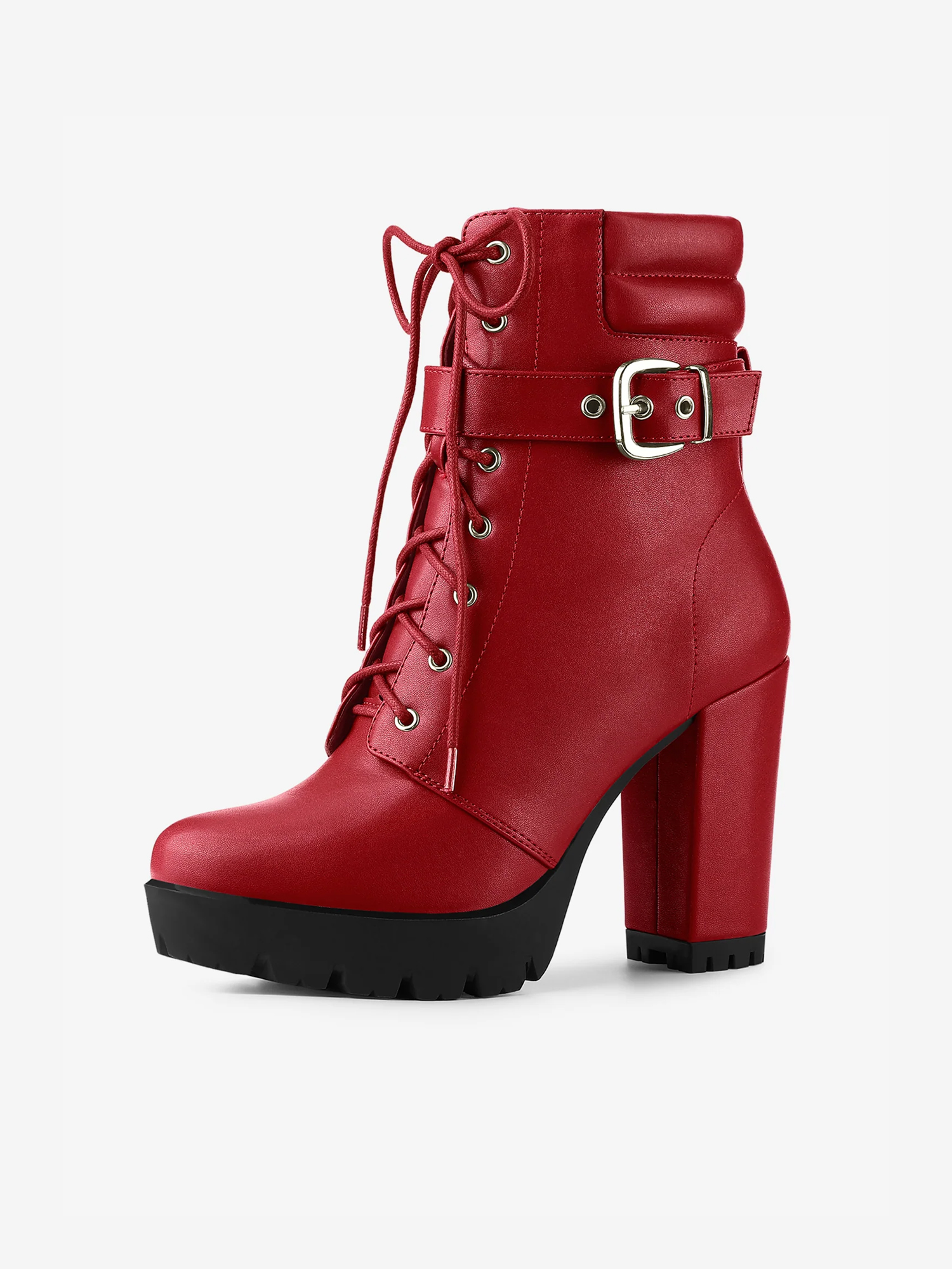 Lace Up Belt Decor Platform Block Heel Combat Ankle Boots Red/7