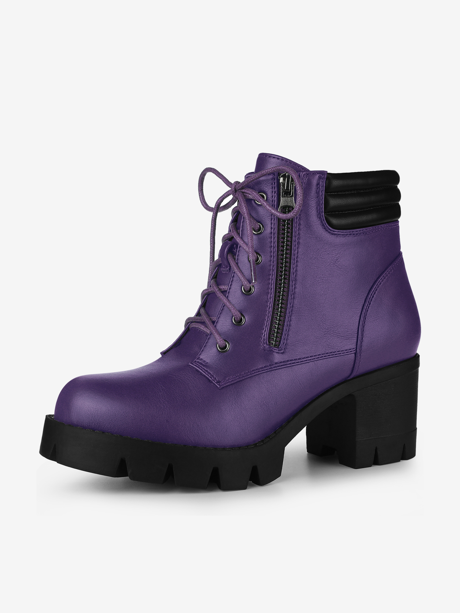 Lug Sole Zip Combat Block Heel Ankle Boots Purple/6