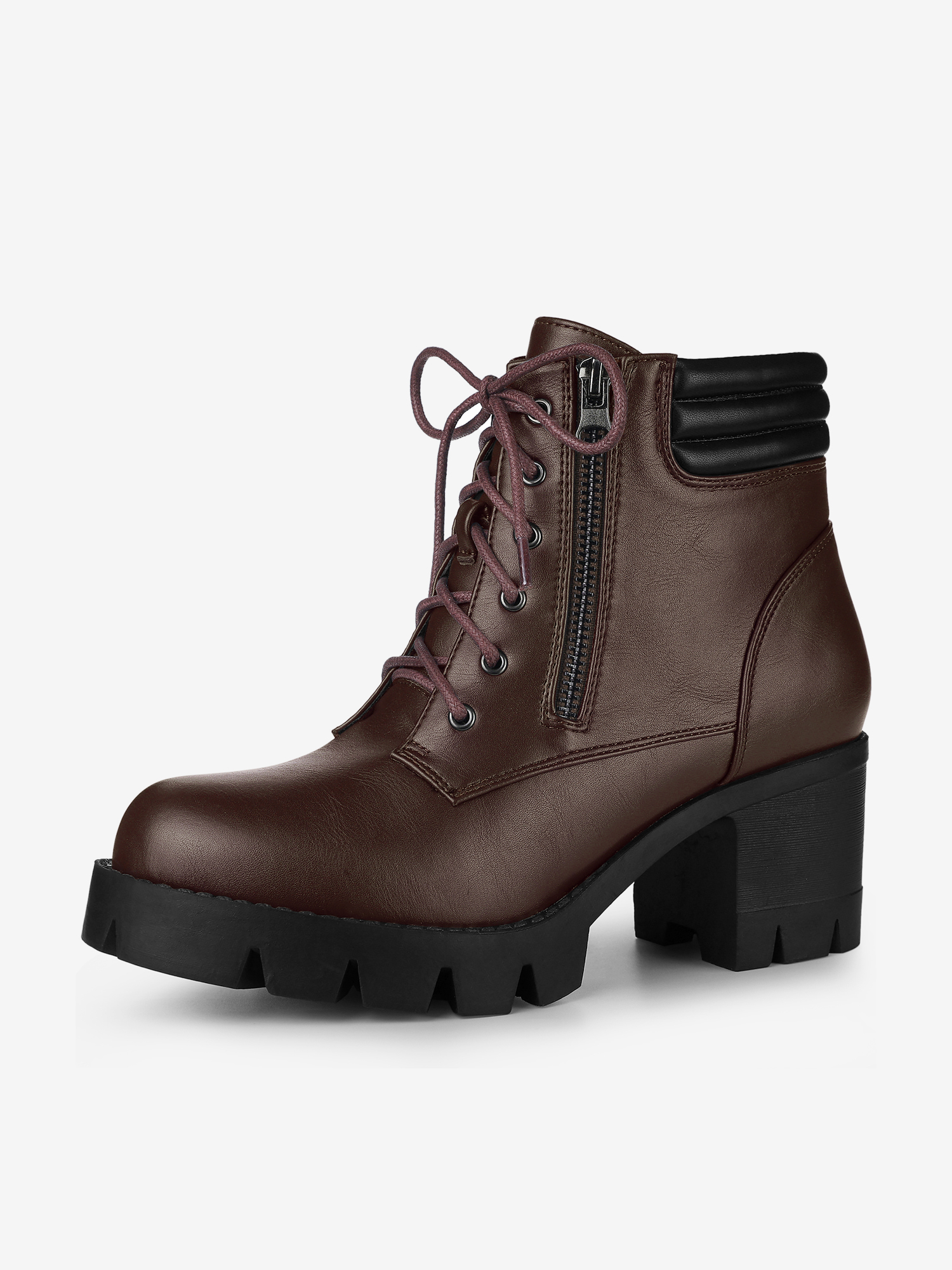 Lug Sole Zip Combat Block Heel Ankle Boots Coffee/8.5