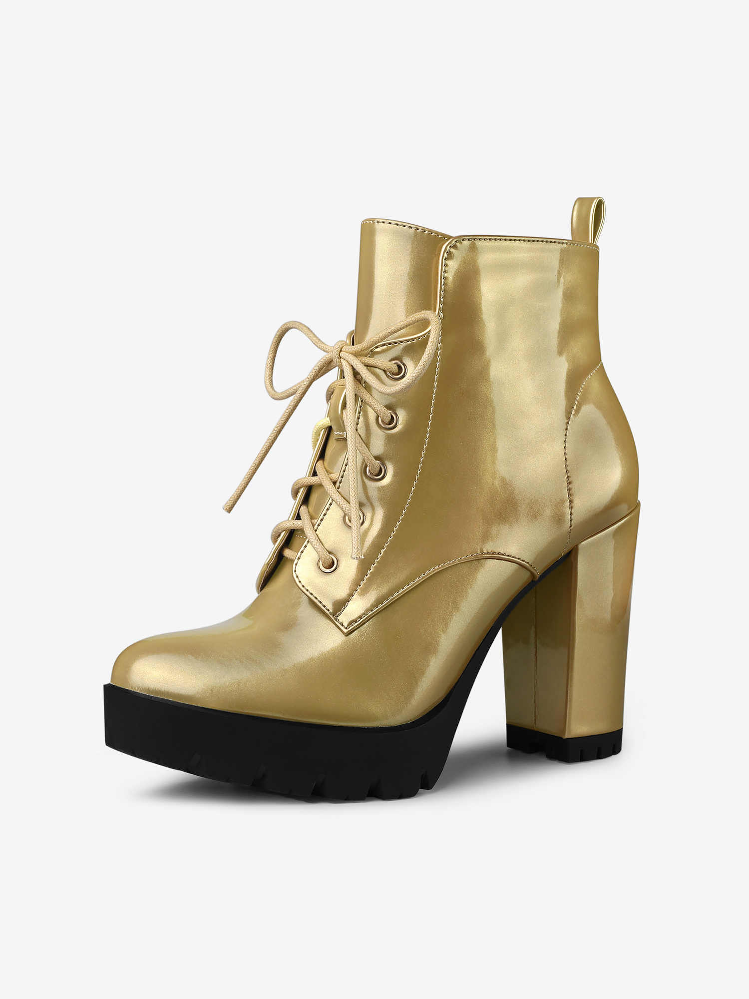 Round Toe Chunky Heel Lace Up Platform Boots Gold/7