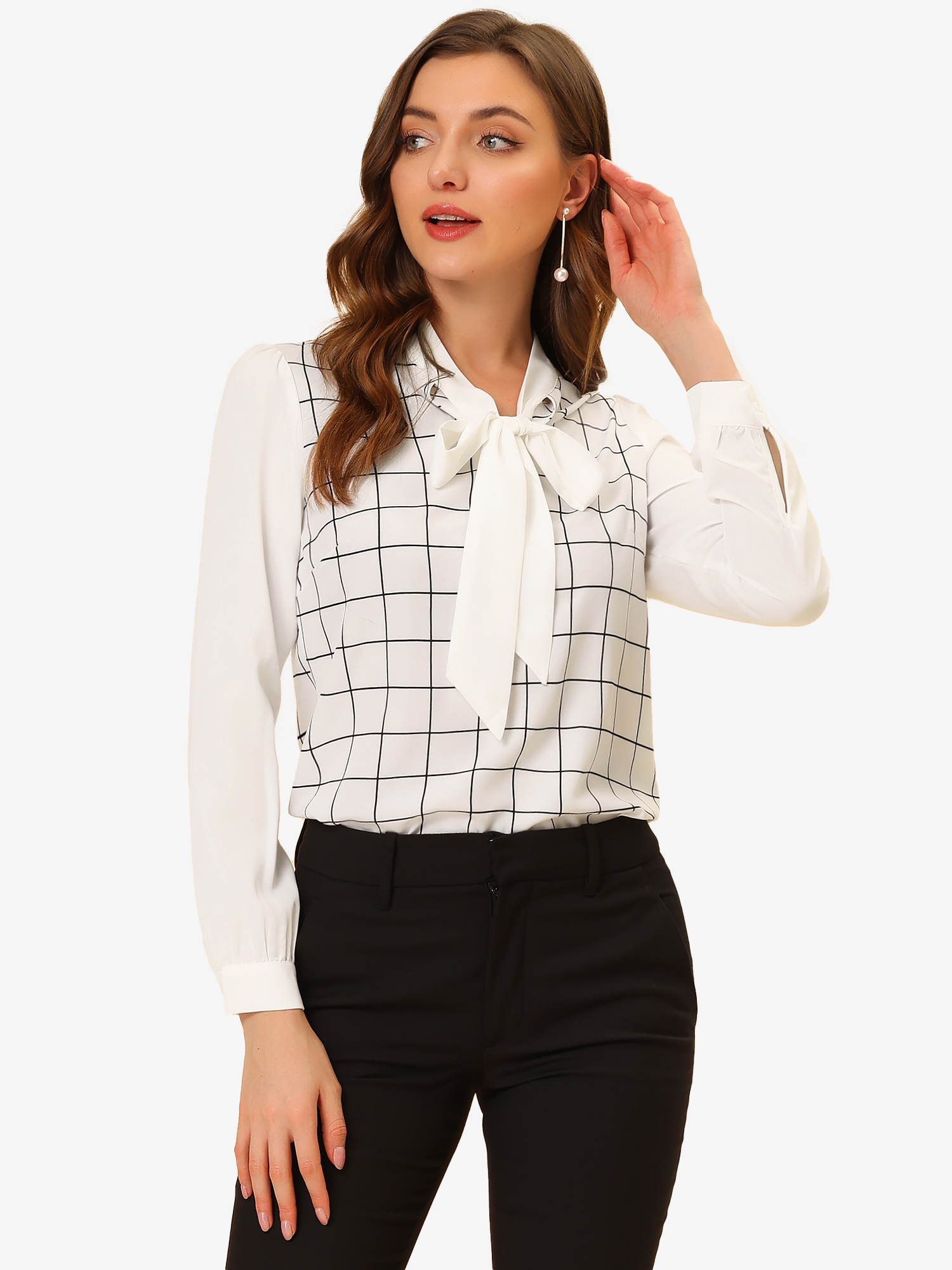 Work Plaid Contrast Color Bow Tie Neck Long Sleeve Blouse White/M