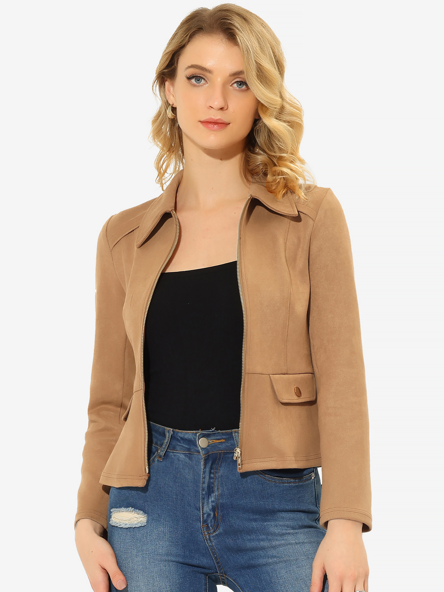 Faux Suede Jacket Short Zip Up Motorcycle Biker Coat Brown/M