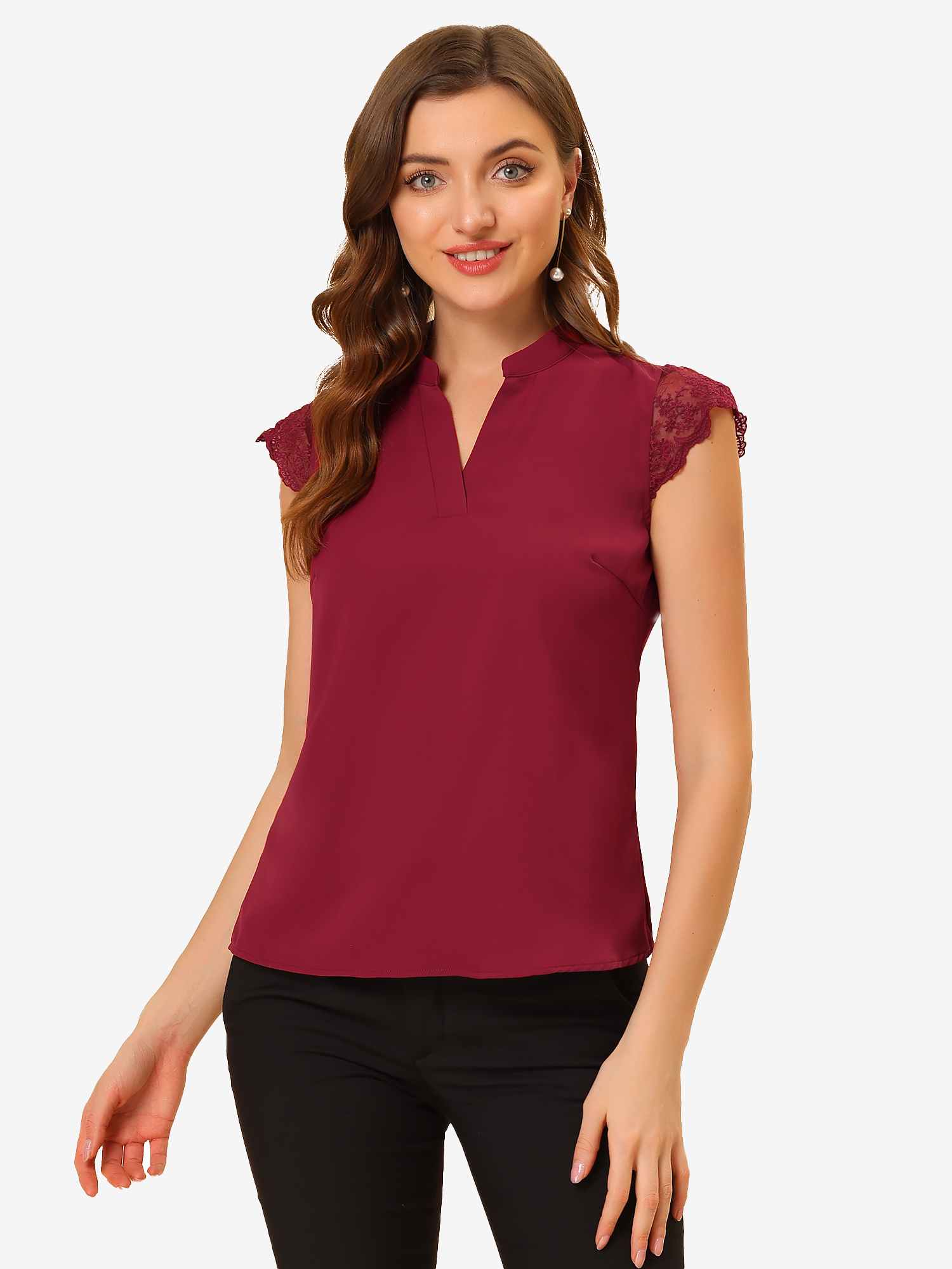 Work Top Office Lace Cap Sleeve Basic Shirt Blouse Red/M